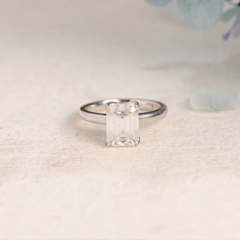 Solid Gold Hidden Halo Emerald Cut Moissanite Engagement Ring sold by Causyou