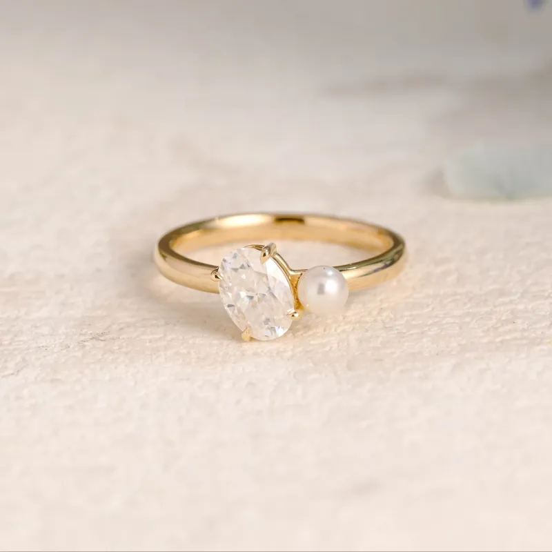 Solid Gold Toi Et Moi Oval Cut Moissanite & Pearl Engagement Ring made by Causyou