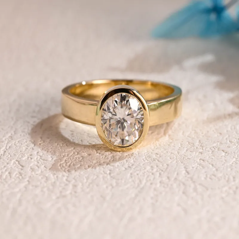 Solid Gold 4mm Width Bezel Oval Cut Moissanite Engagement Ring sold by Causyou