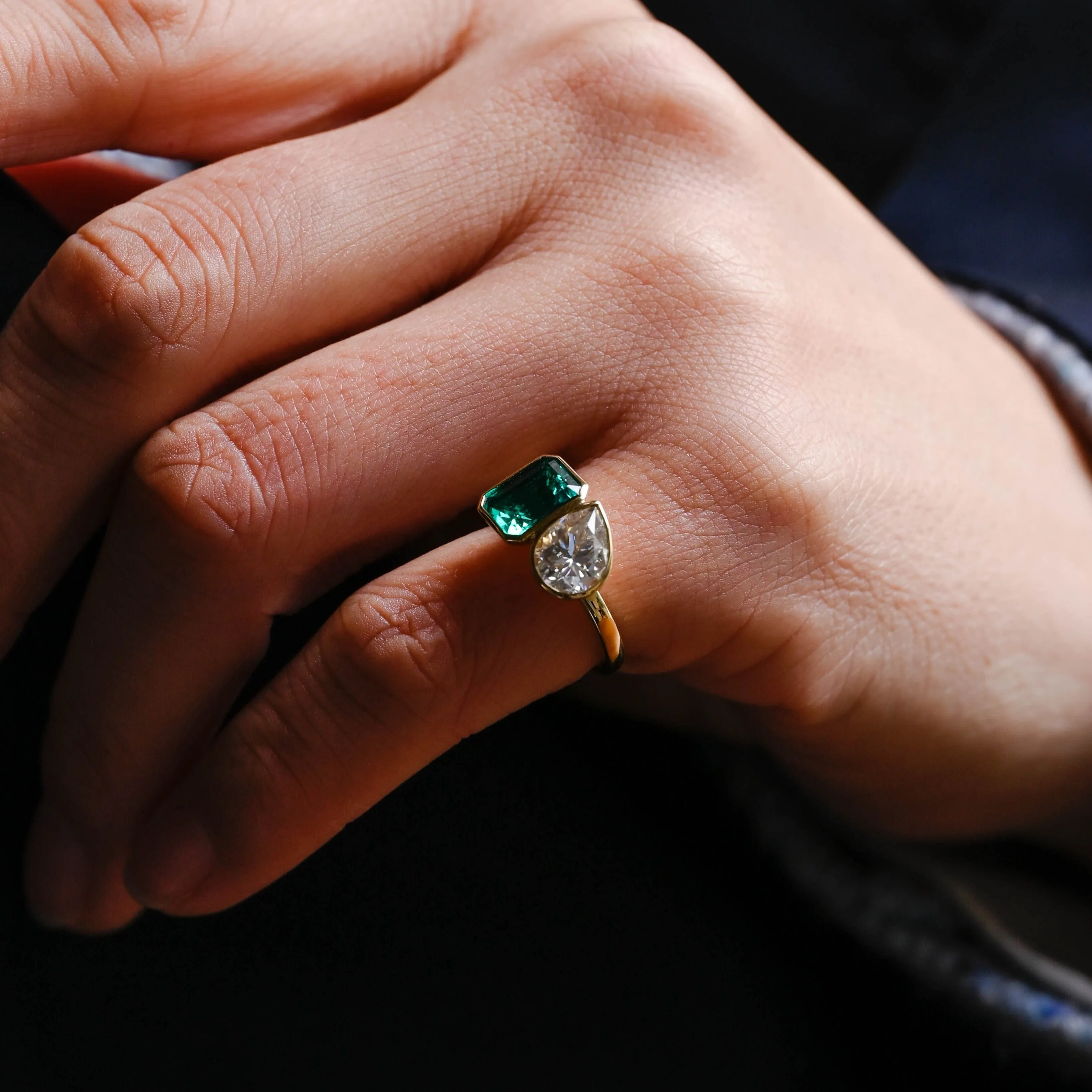 Solid Gold Bezel Toi Et Moi Lab Emerald & Pear Cut Moissanite Engagement Ring sold by Causyou product image thumbnail 4