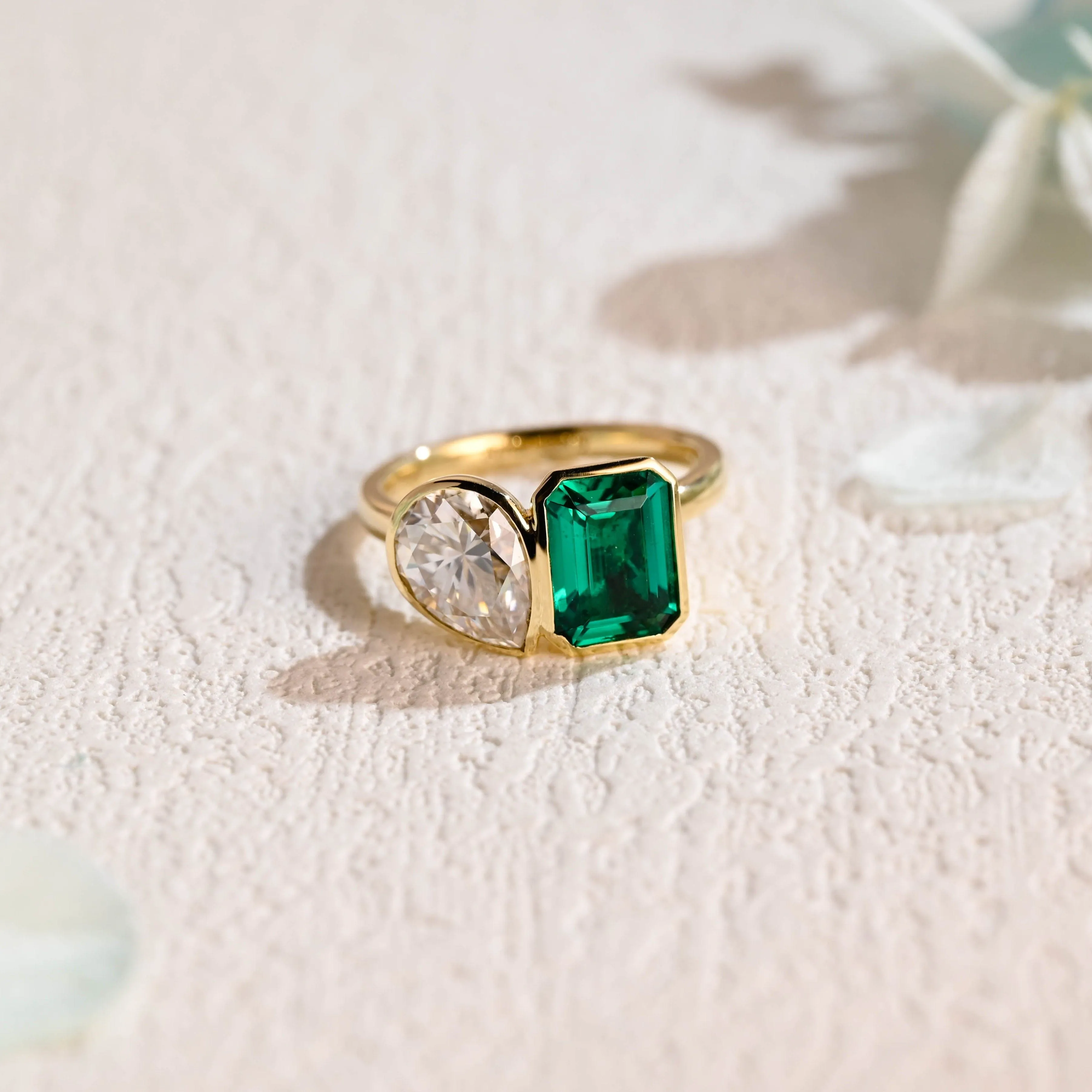 Solid Gold Bezel Toi Et Moi Lab Emerald & Pear Cut Moissanite Engagement Ring sold by Causyou