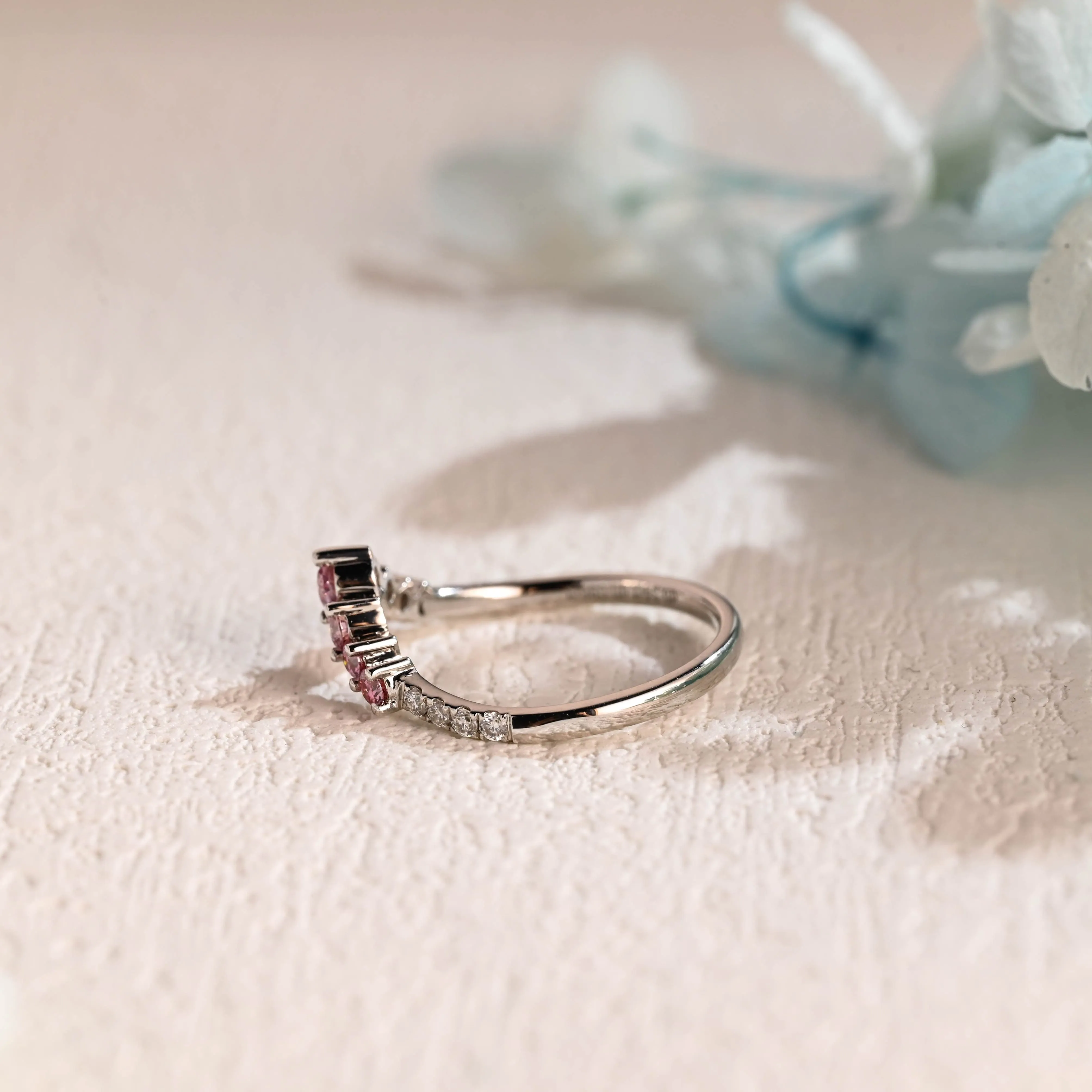 Solid Gold Curved Round Cut Moissanite & Lab Pink Sapphire Wedding Band sold by Causyou product image thumbnail 5