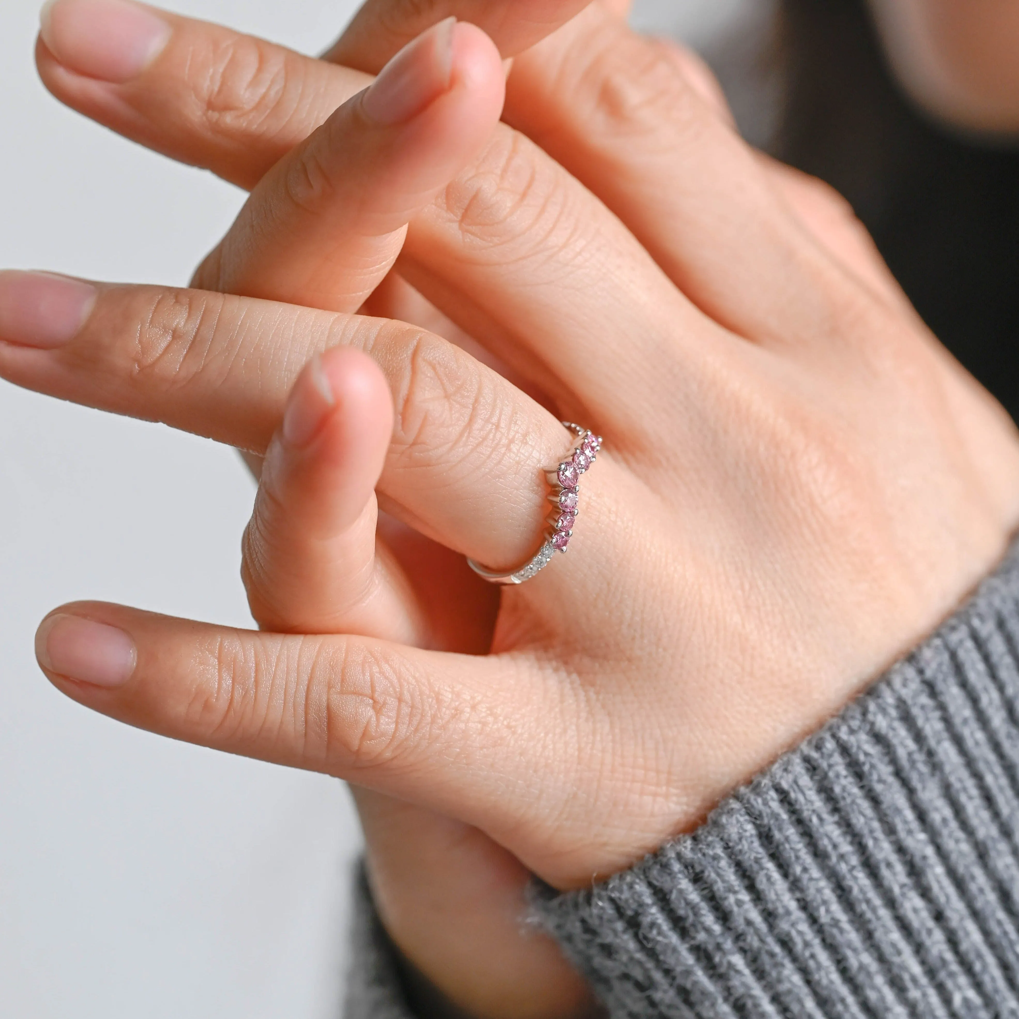 Solid Gold Curved Round Cut Moissanite & Lab Pink Sapphire Wedding Band sold by Causyou product image thumbnail 4