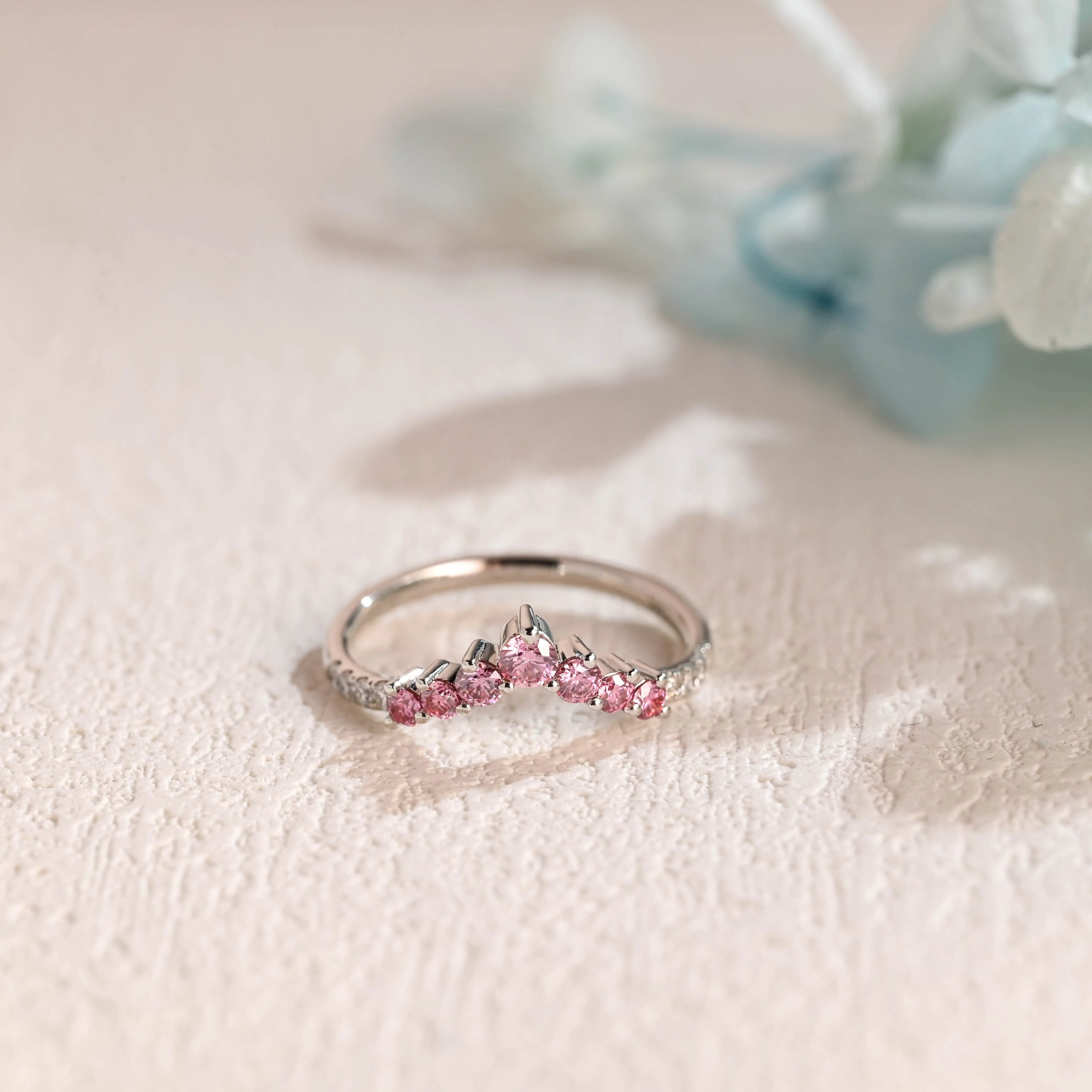 Solid Gold Curved Round Cut Moissanite & Lab Pink Sapphire Wedding Band sold by Causyou