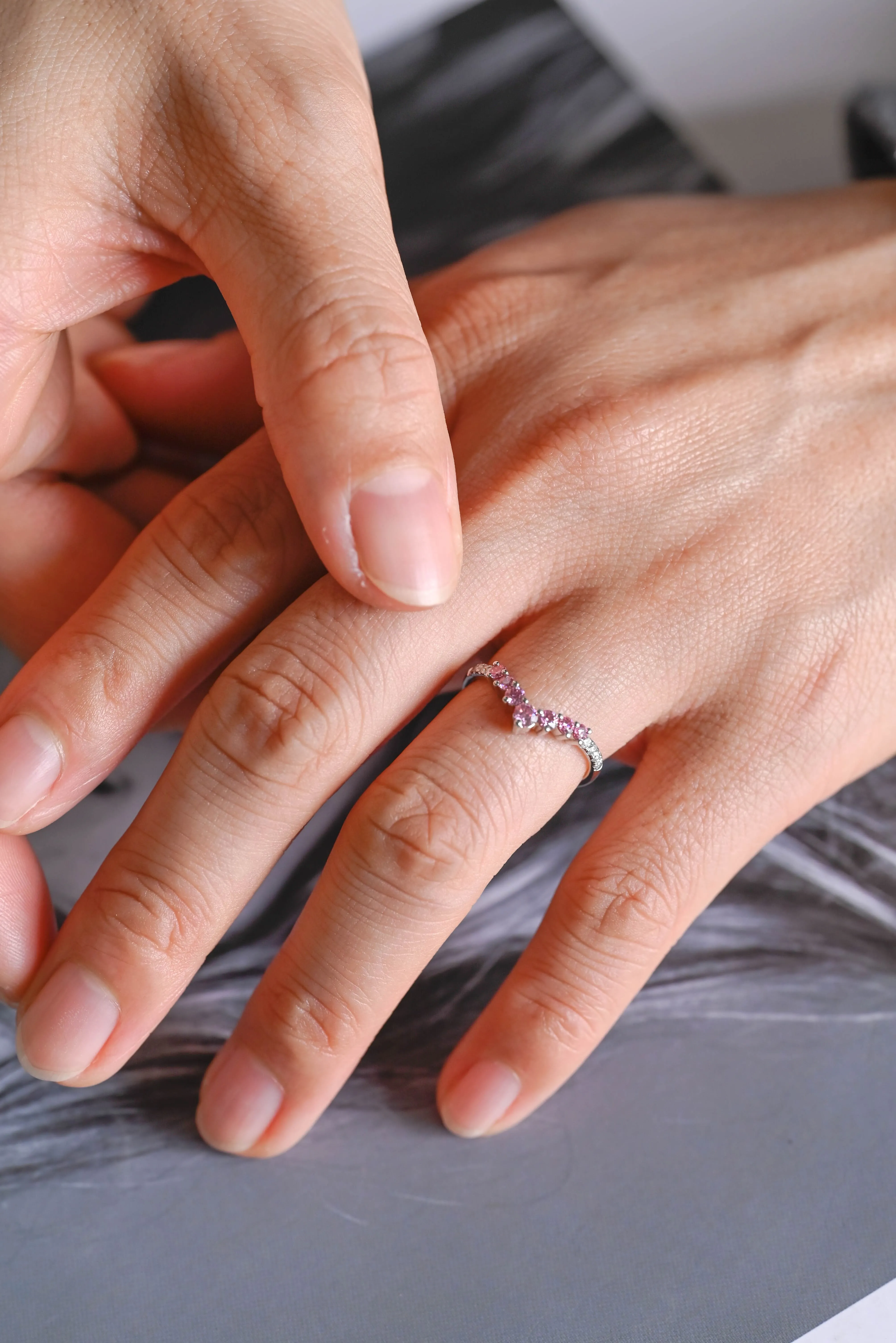 Solid Gold Curved Round Cut Moissanite & Lab Pink Sapphire Wedding Band sold by Causyou product image thumbnail 3