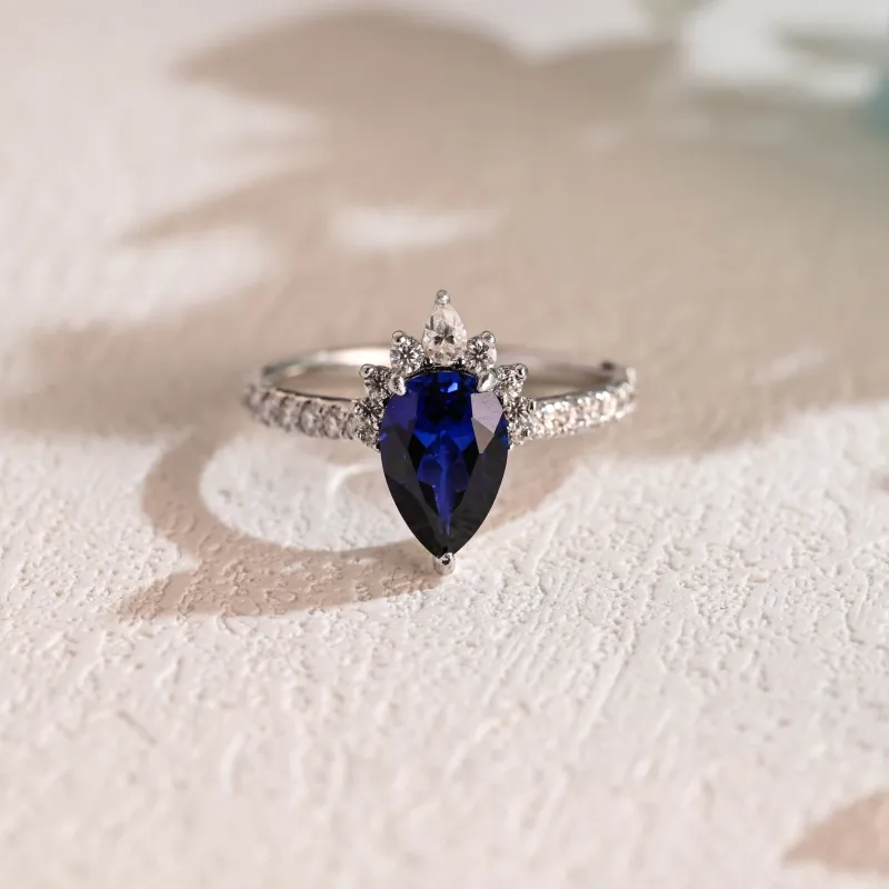 Solid Gold Pave Pear Cut Lab Blue Sapphire Engagement Ring sold by Causyou
