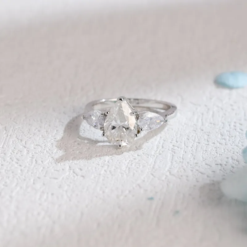 Solid Gold Three Stone Pear Cut Moissanite Engagement Ring sold by Causyou