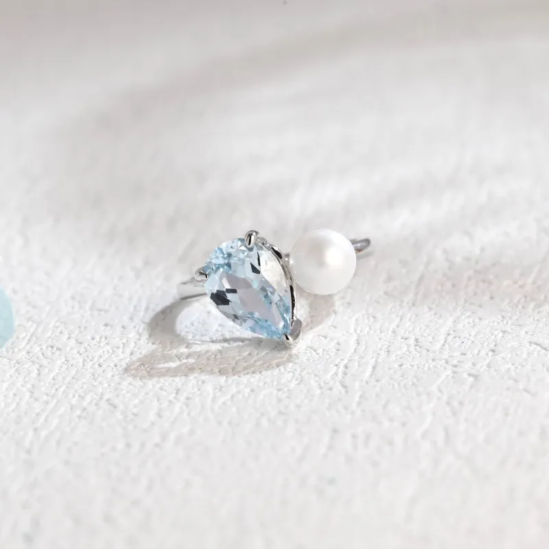 Solid Gold Pear Cut Lab Aquamarine & Pearl Engagement Ring sold by Causyou