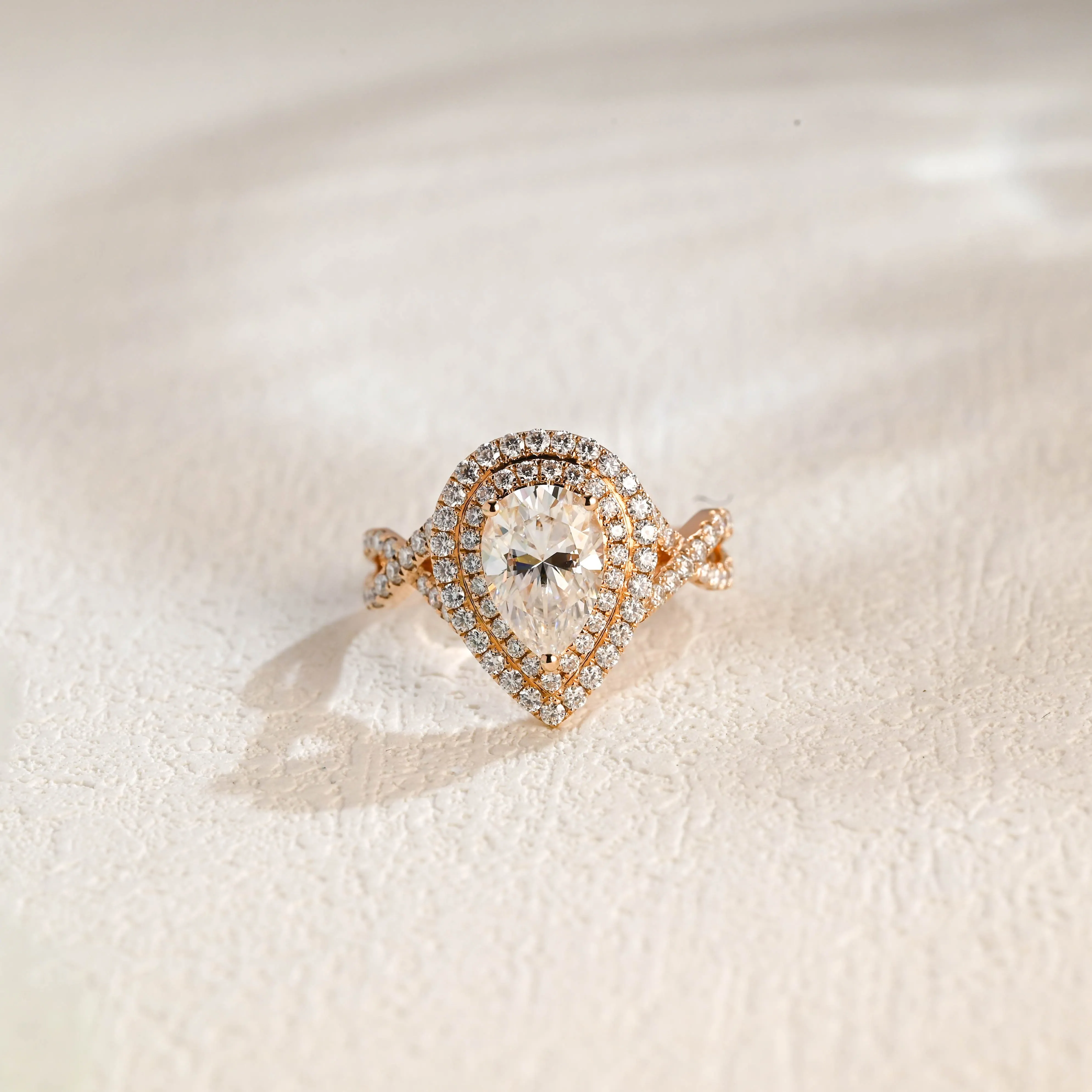 Solid Gold Double Halo Pear Cut Moissanite Engagement Ring Twisted Band sold by Causyou