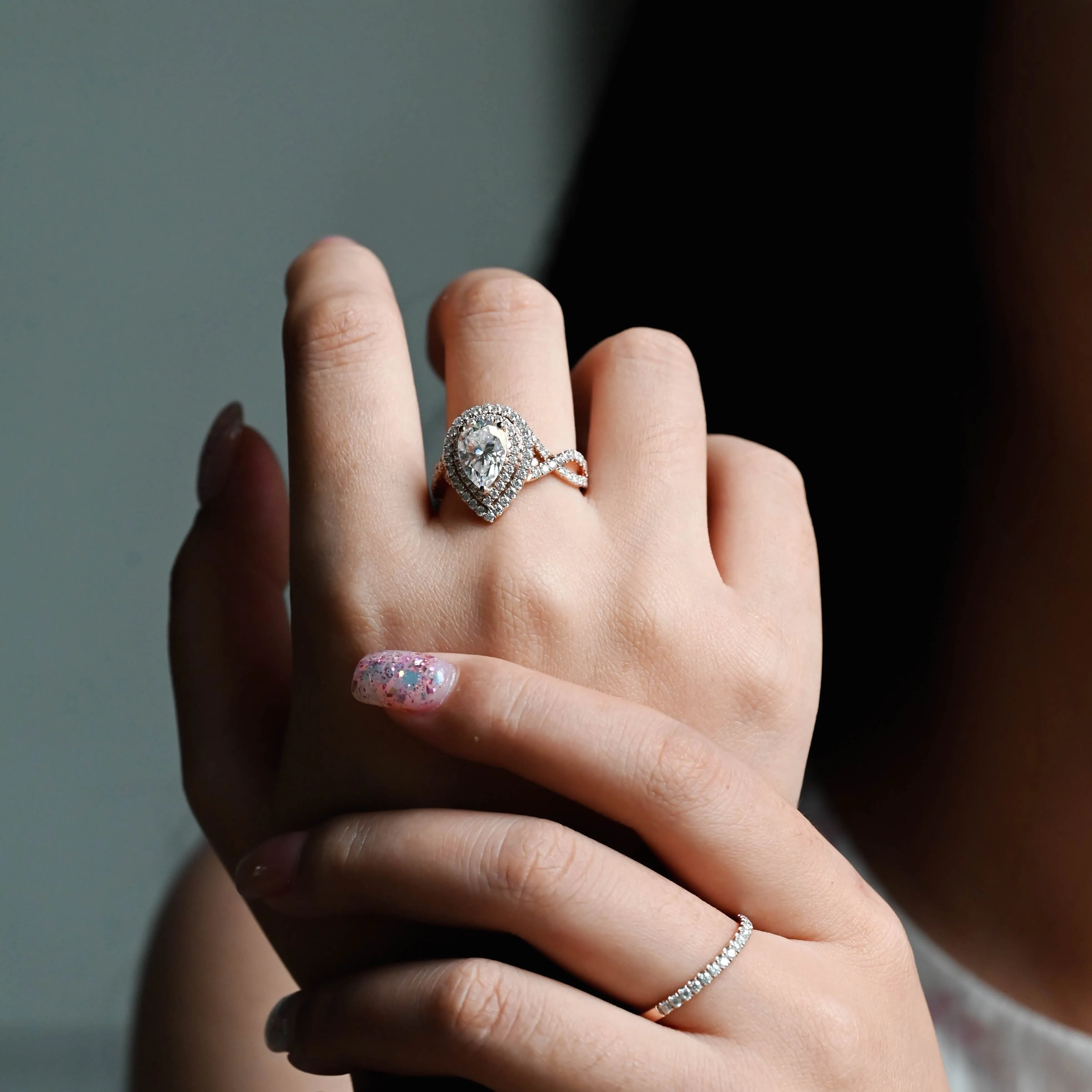 Solid Gold Double Halo Pear Cut Moissanite Engagement Ring Twisted Band sold by Causyou product image thumbnail 2