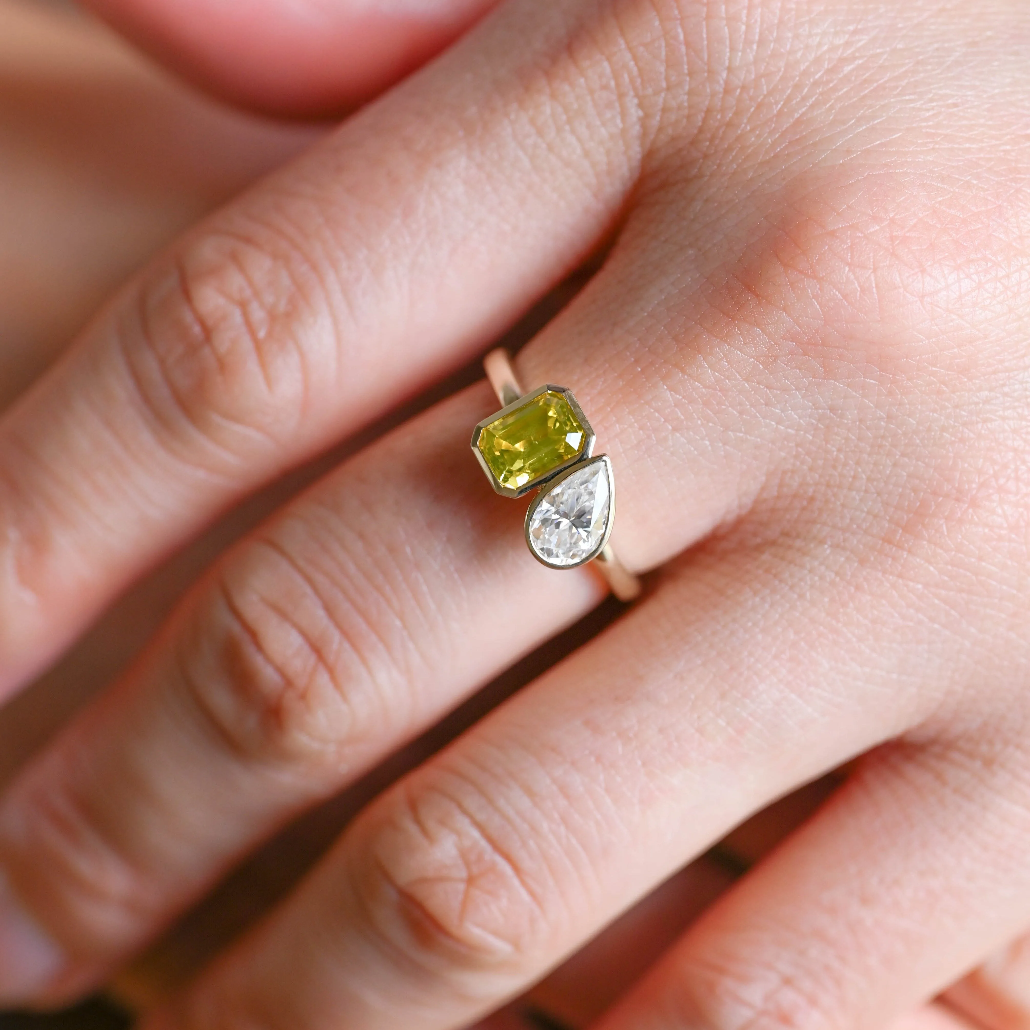 Solid Gold Toi Et Moi Yellow Emerald Cut Lab Sapphire & Pear Cut Moissanite Engagement Ring sold by Causyou product image thumbnail 2