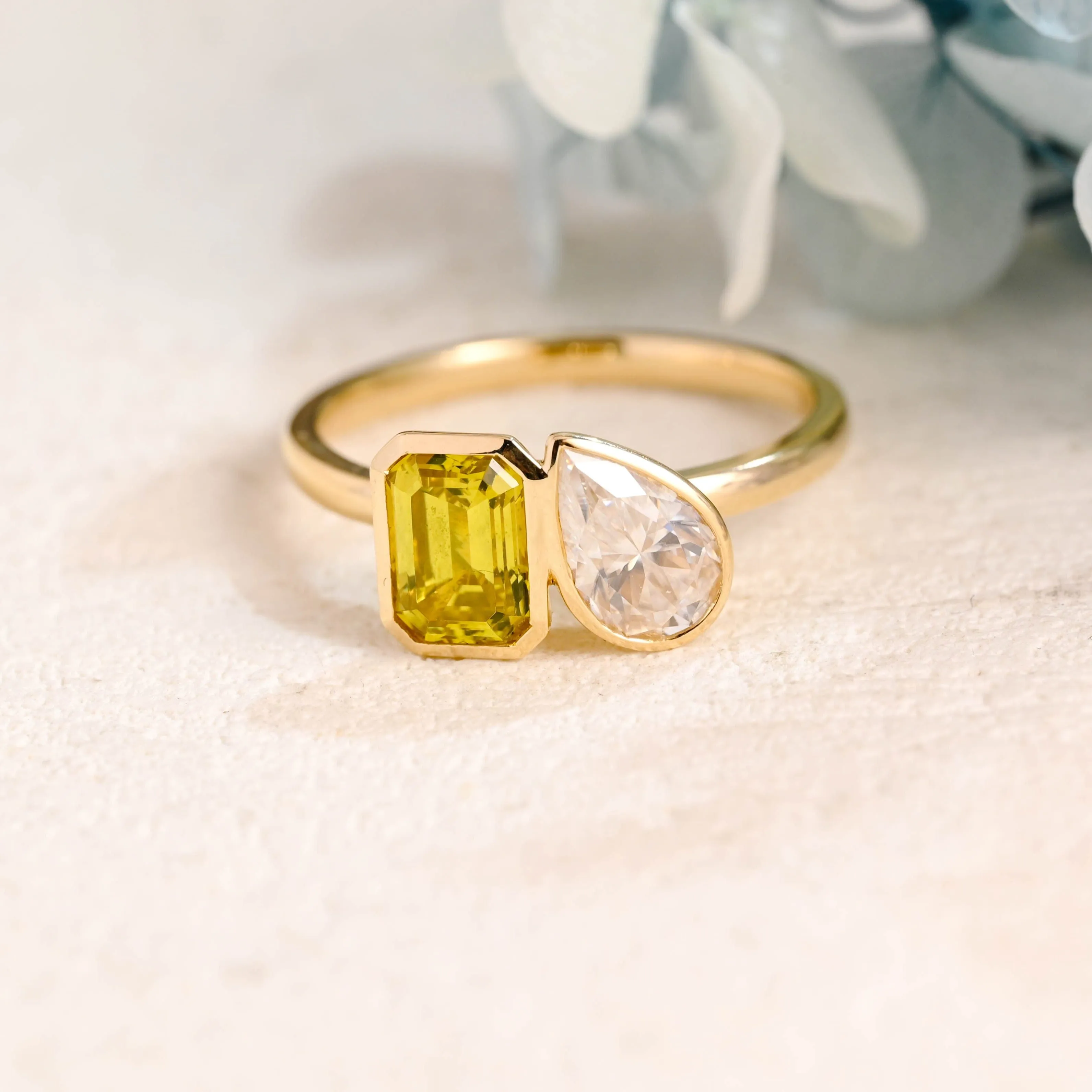 Solid Gold Toi Et Moi Yellow Emerald Cut Lab Sapphire & Pear Cut Moissanite Engagement Ring sold by Causyou