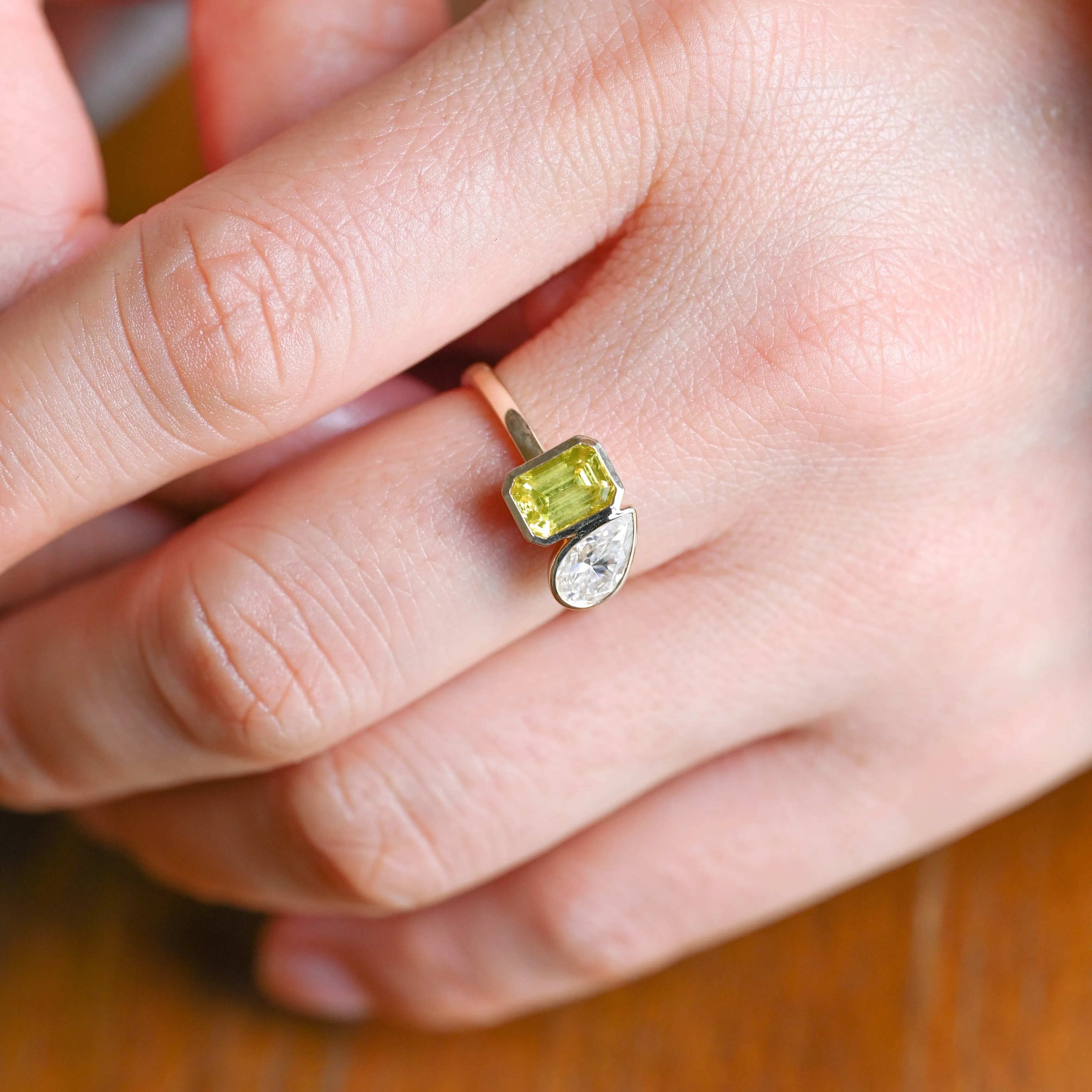 Solid Gold Toi Et Moi Yellow Emerald Cut Lab Sapphire & Pear Cut Moissanite Engagement Ring sold by Causyou product image thumbnail 3