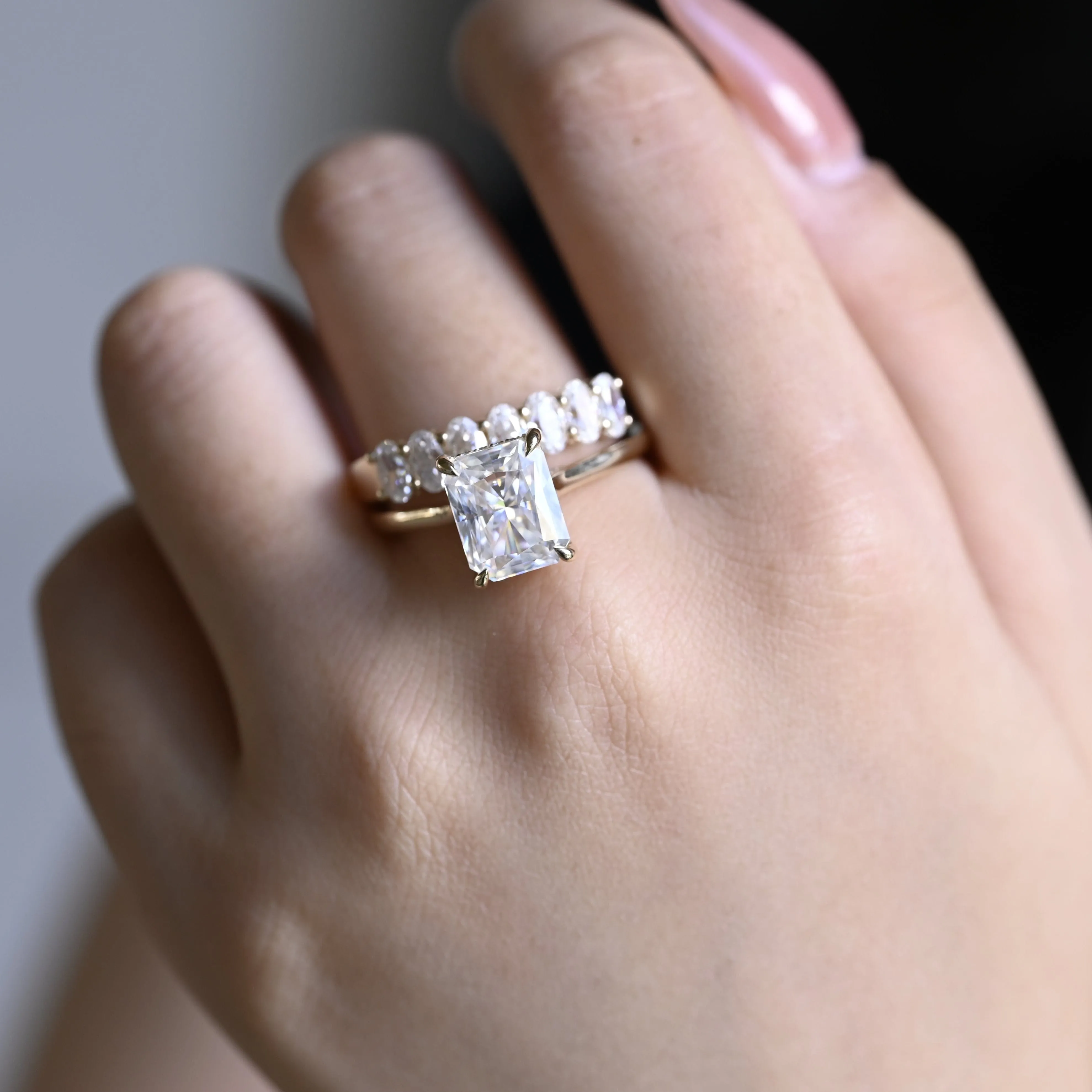 Solid Gold Hidden Halo Radiant Cut Moissanite Engagement Ring Set sold by Causyou product image thumbnail 2