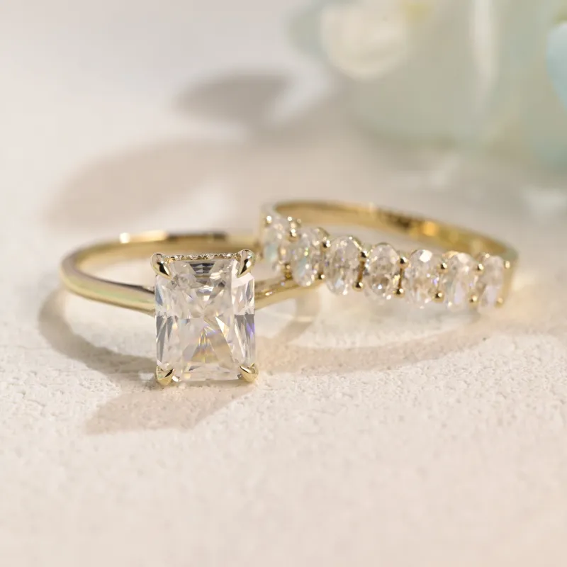 Solid Gold Hidden Halo Radiant Cut Moissanite Engagement Ring Set sold by Causyou