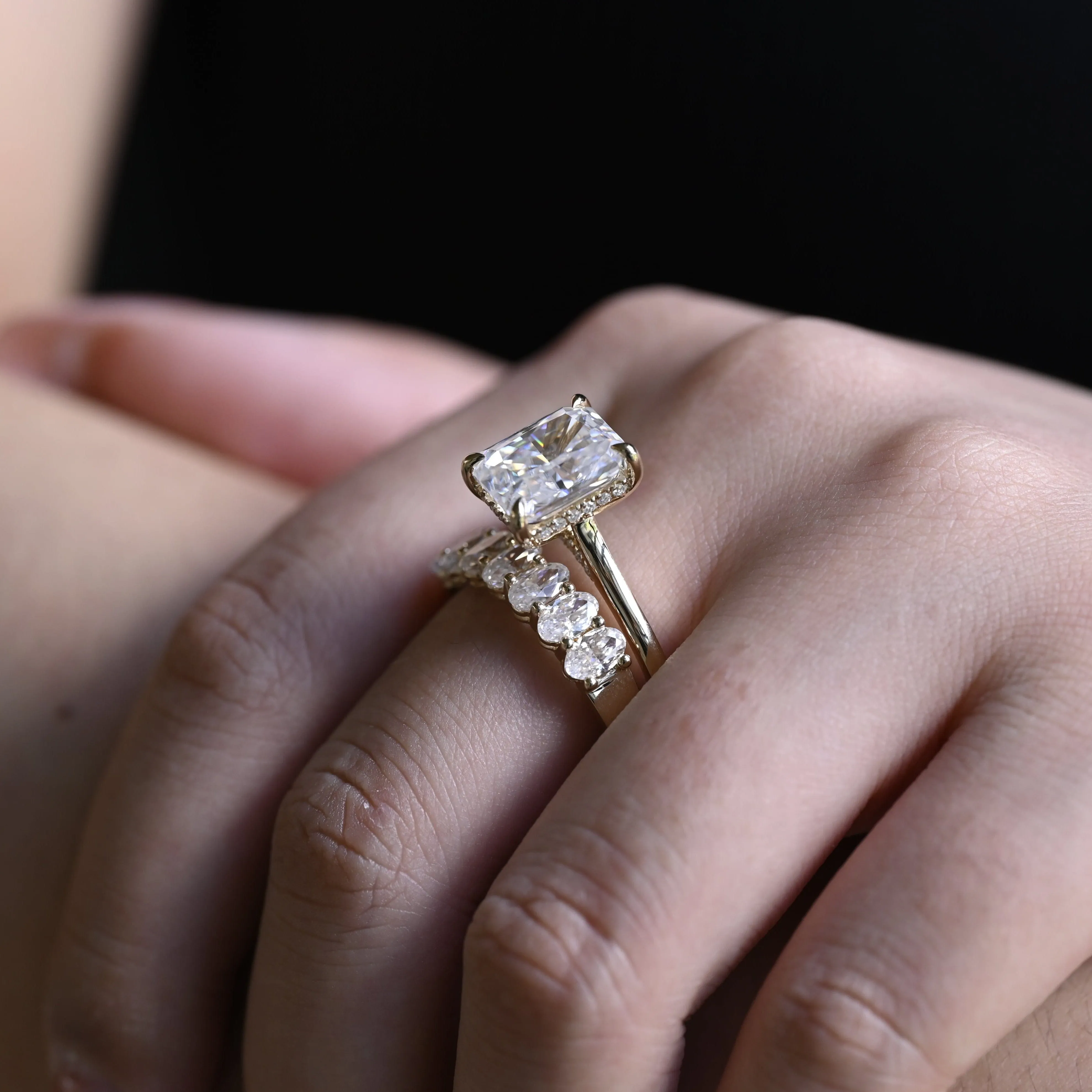 Solid Gold Hidden Halo Radiant Cut Moissanite Engagement Ring Set sold by Causyou product image thumbnail 4