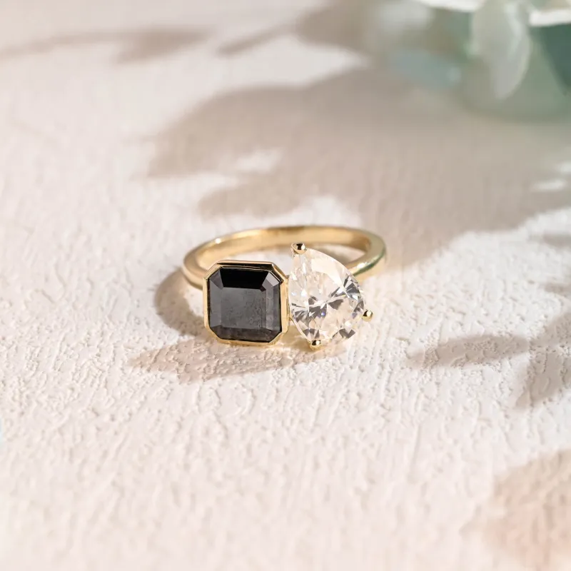 Solid Gold Toi Et Moi Ring, Asscher Cut Black Moissanite Engagement Ring, Wedding Ring Bridal Ring for Women sold by Causyou