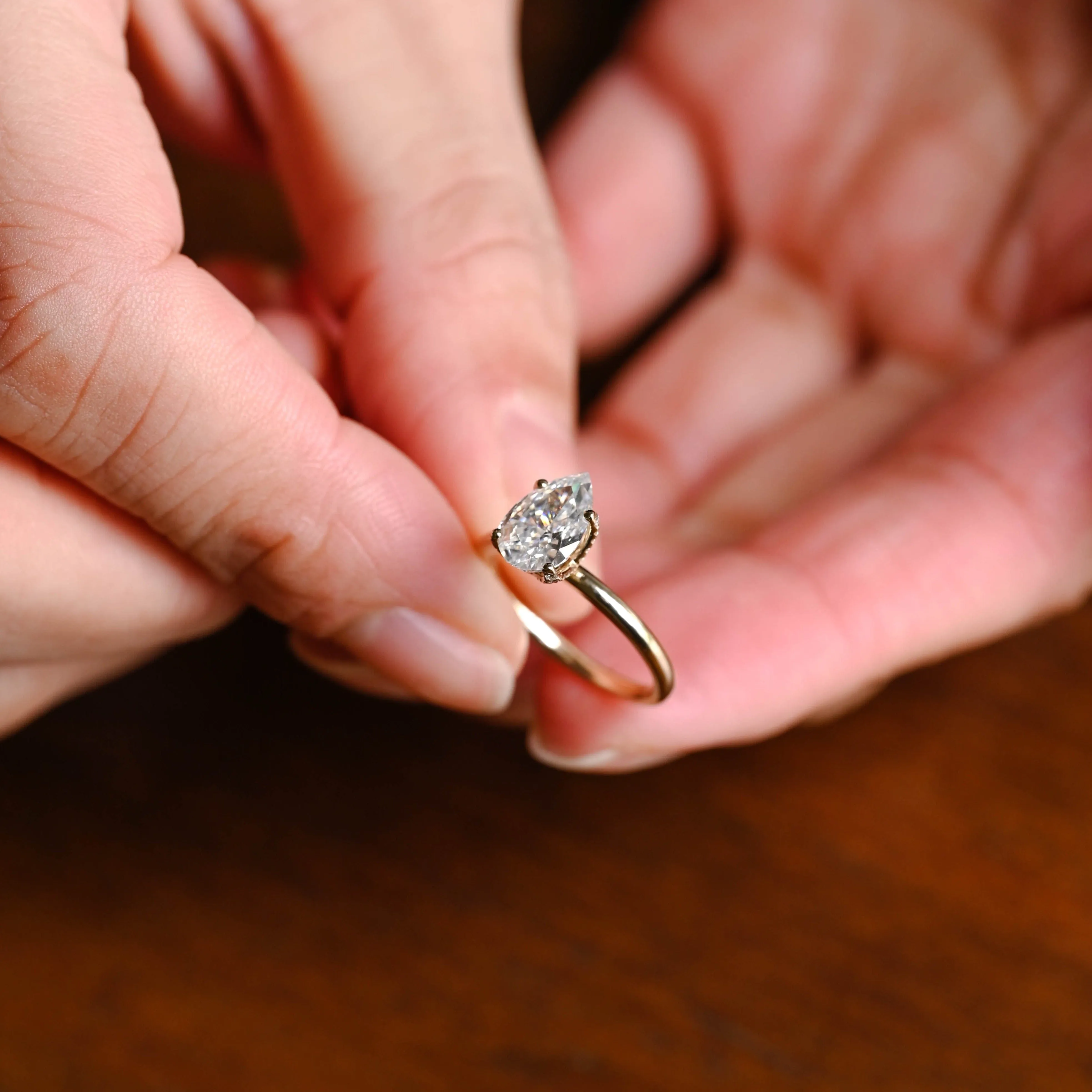Solid Gold Hidden Halo Pear Cut Moissanite Engagement Ring Tulip Set sold by Causyou product image thumbnail 4