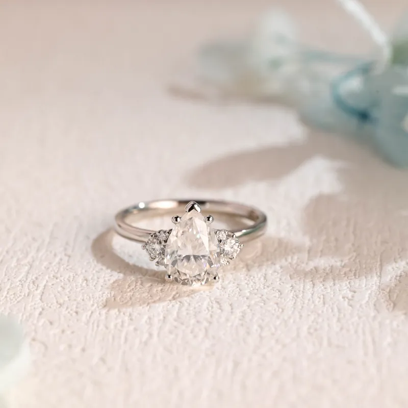 Solid Gold Three Stone Pear Cut Moissanite Engagement Ring sold by Causyou