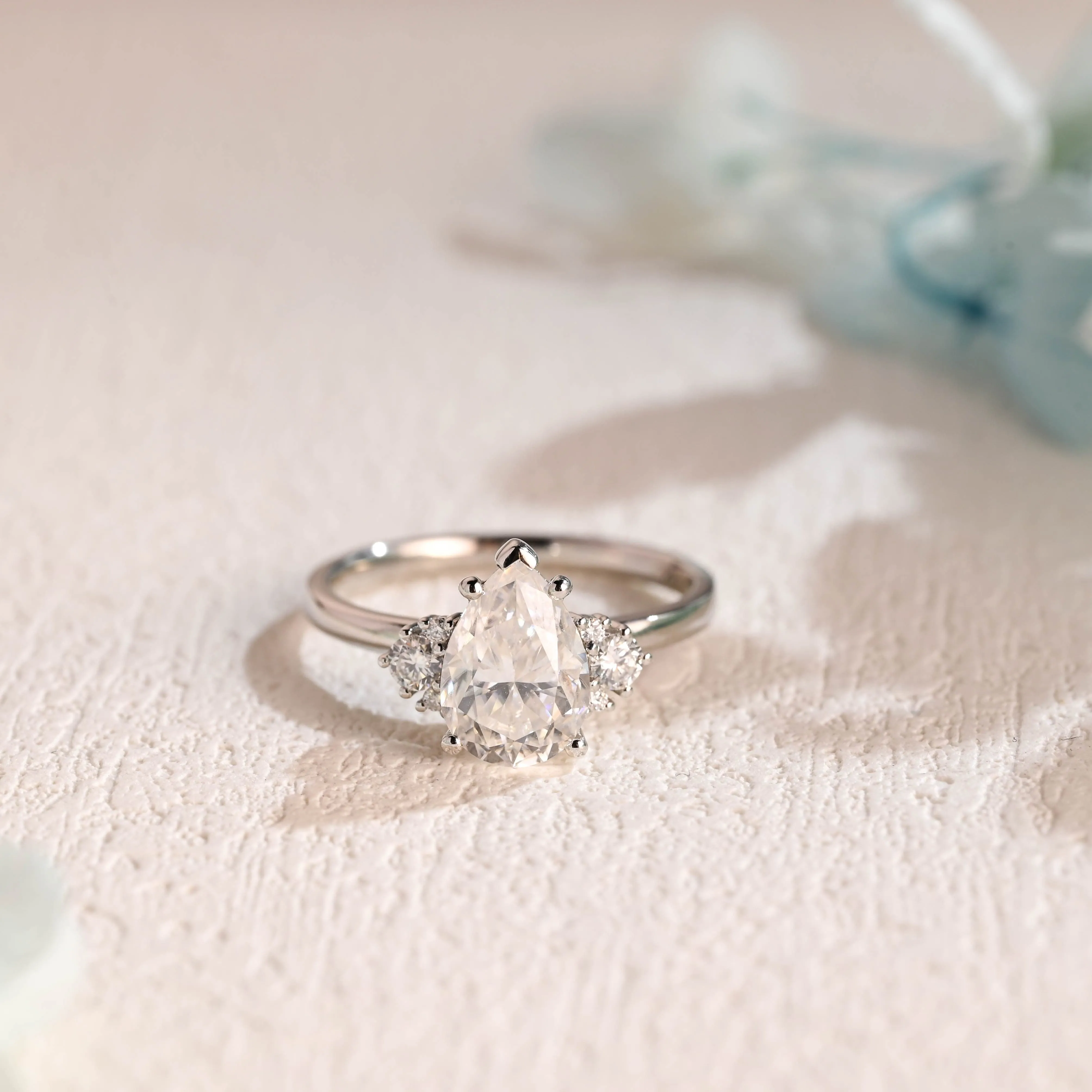 Solid Gold Three Stone Pear Cut Moissanite Engagement Ring sold by Causyou