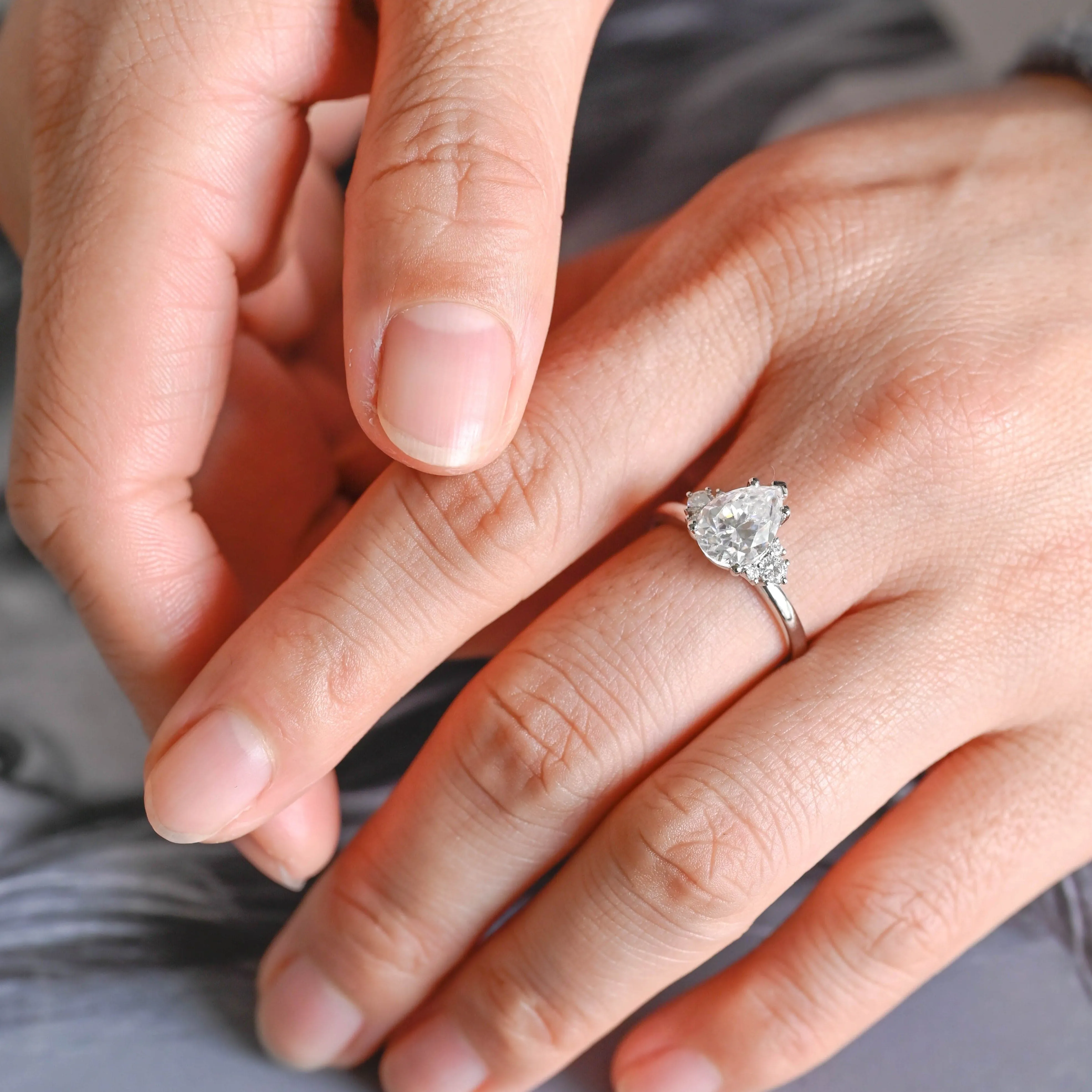 Solid Gold Three Stone Pear Cut Moissanite Engagement Ring sold by Causyou product image thumbnail 2