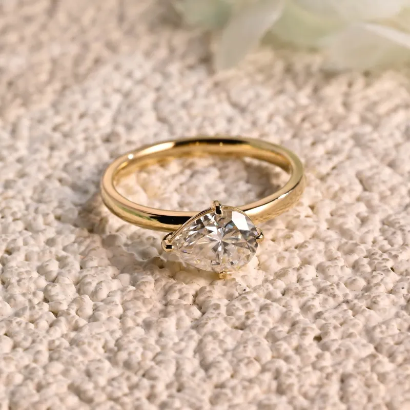 Solid Gold Solitaire East West Pear Moissanite Engagement Ring sold by Causyou