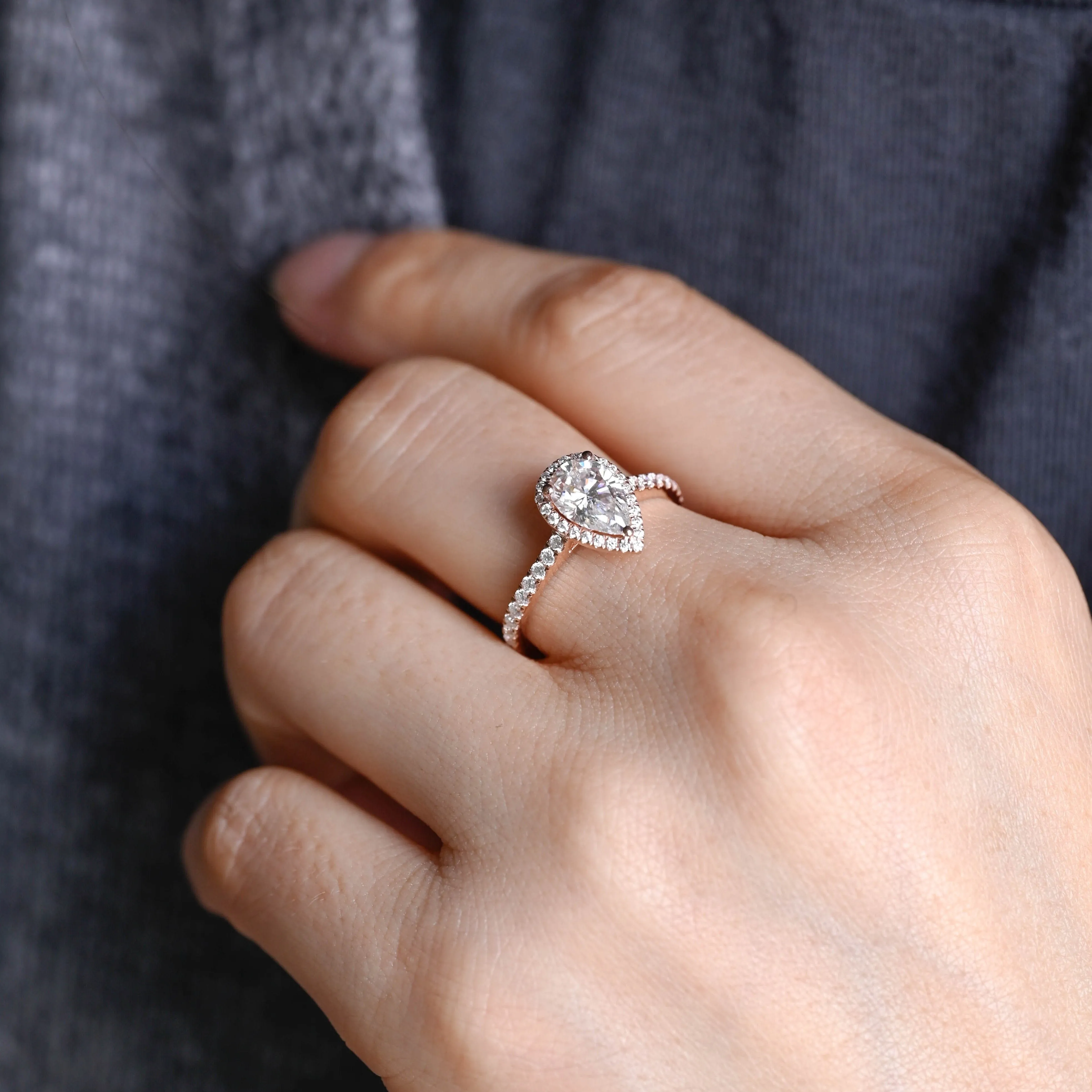 Solid Gold Pave Pear Cut Moissanite Engagement Ring sold by Causyou product image thumbnail 4