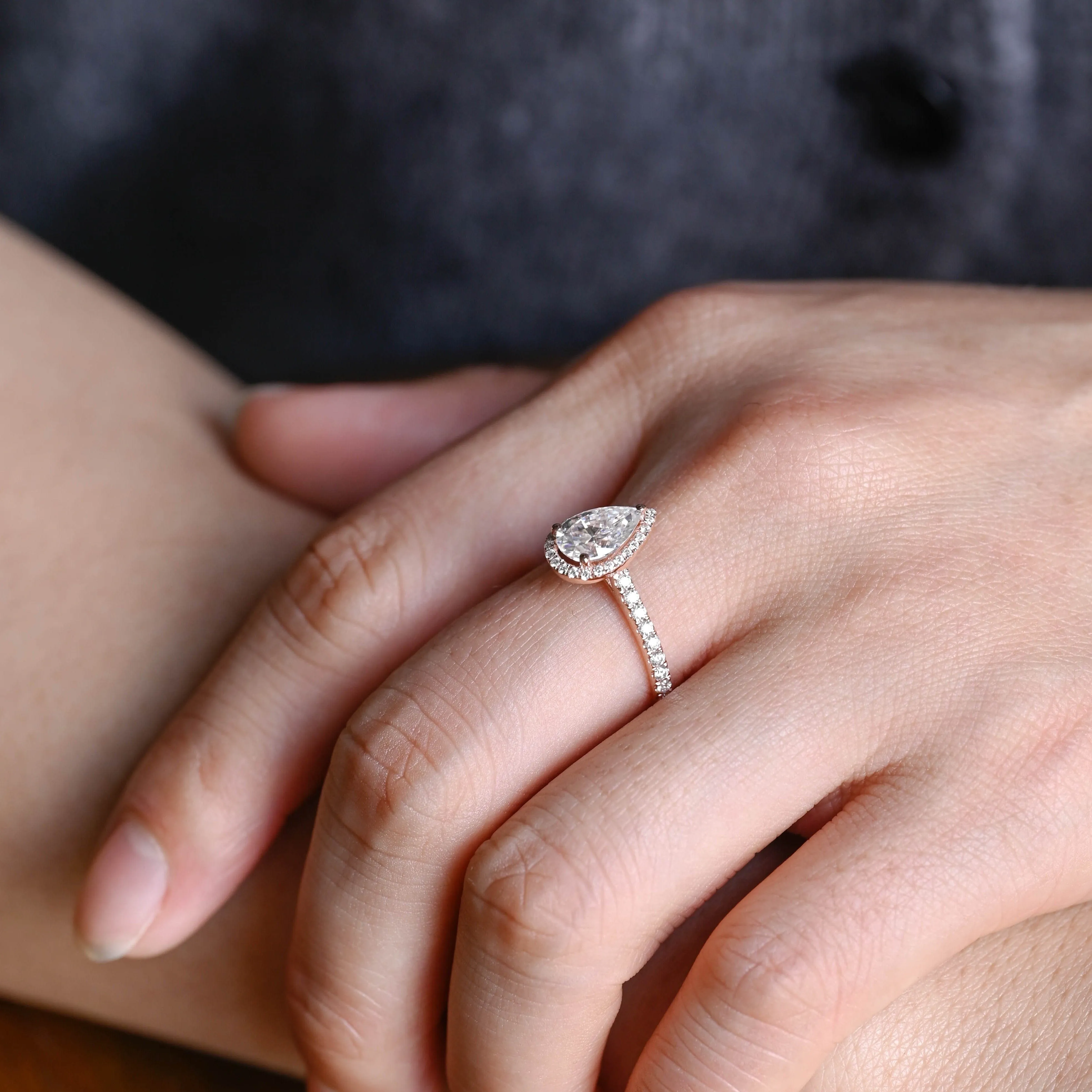 Solid Gold Pave Pear Cut Moissanite Engagement Ring sold by Causyou product image thumbnail 3