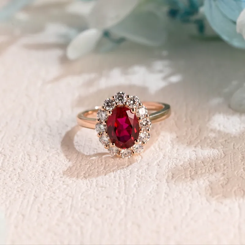 Solid Gold Halo Red Oval Cut Lab Grown Ruby Engagement Ring sold by Causyou