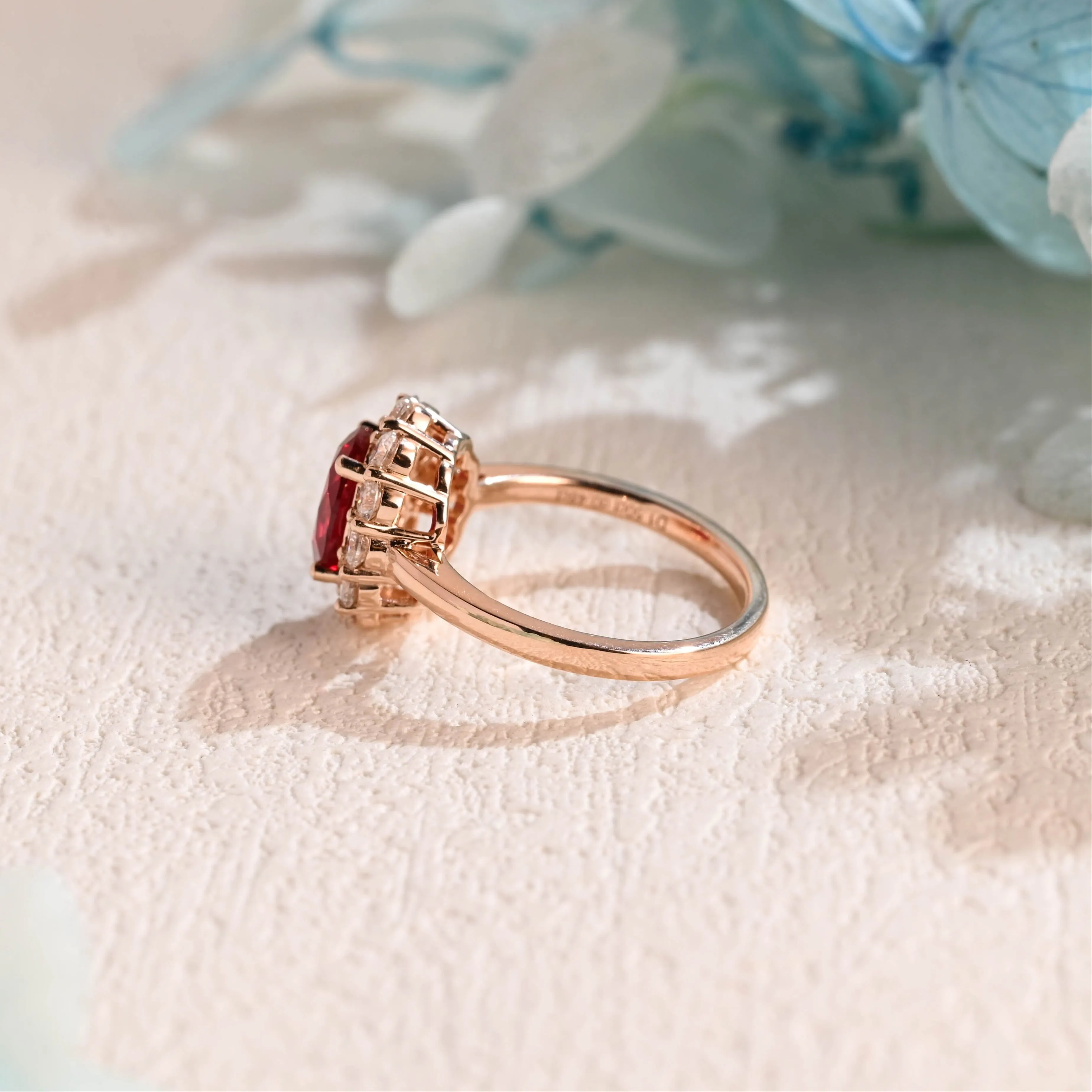 Solid Gold Halo Red Oval Cut Lab Grown Ruby Engagement Ring sold by Causyou product image thumbnail 5