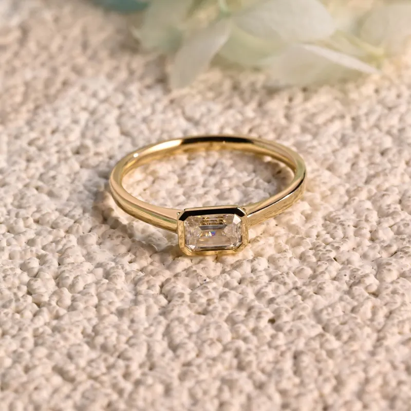 Solid Gold Solitaire Bezel Emerald Cut Moissanite Engagement Ring sold by Causyou