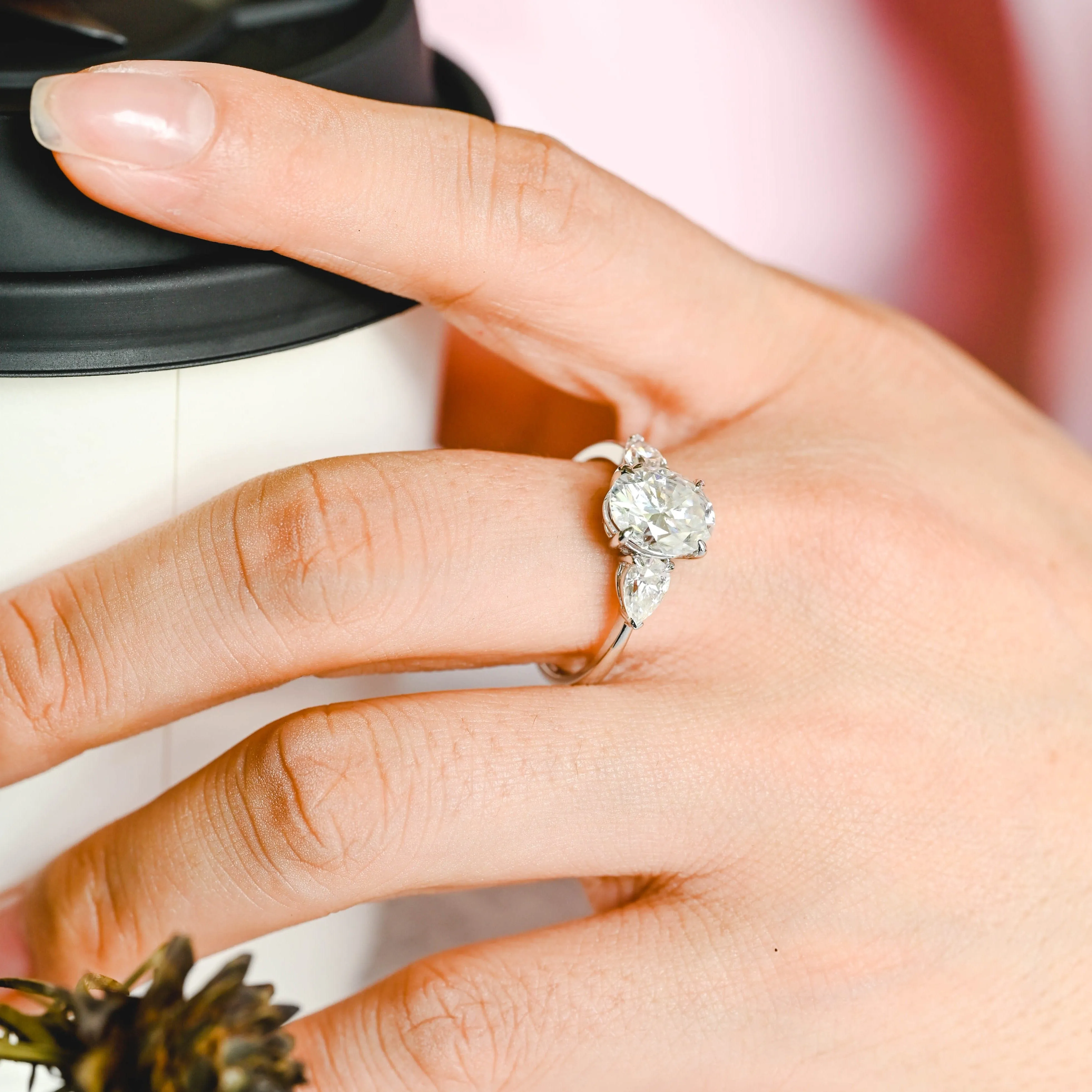 Solid Gold Three Stone Oval Cut Moissanite Engagement Ring sold by Causyou product image thumbnail 4