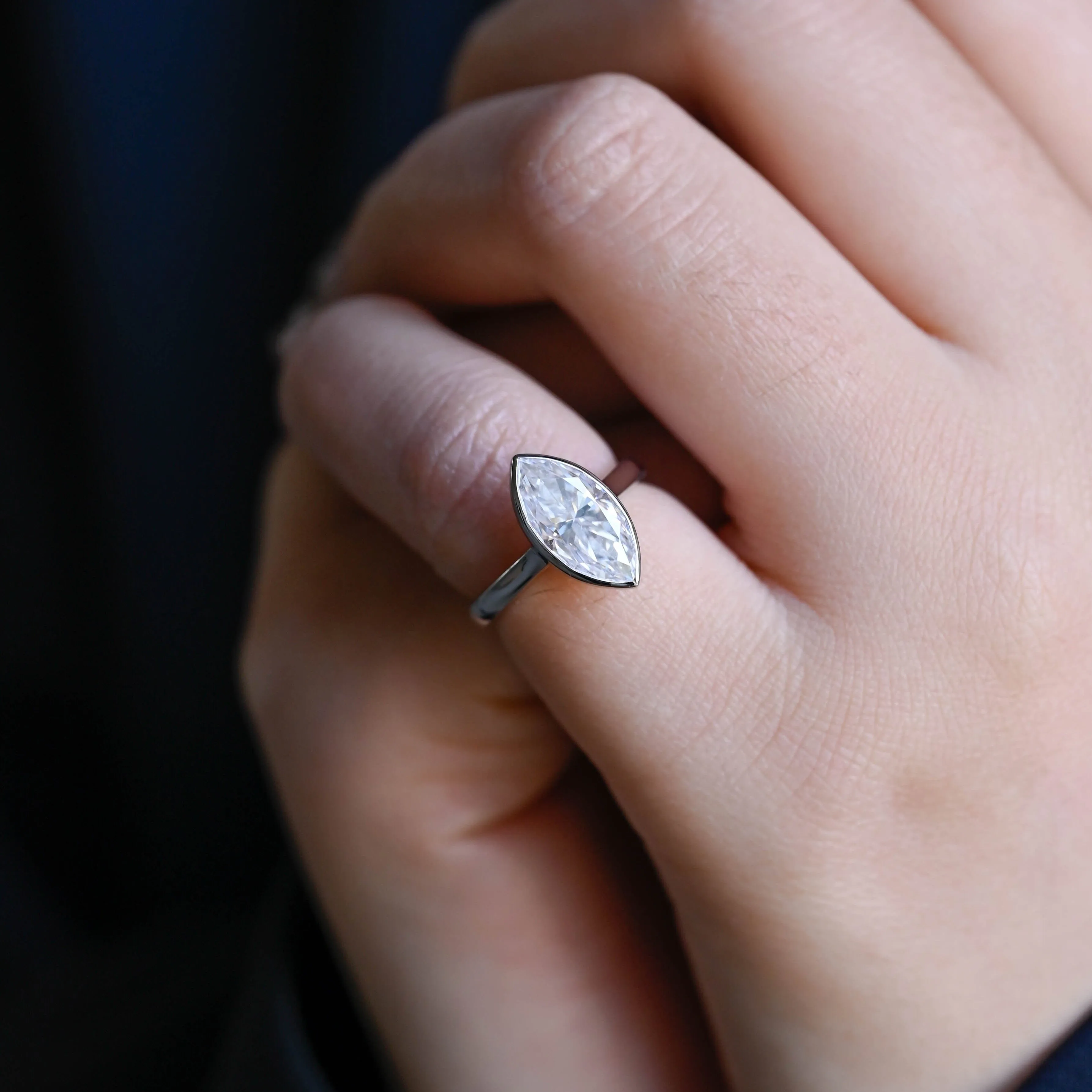 Solid Gold Solitaire Bezel Marquise Cut Moissanite Engagement Ring sold by Causyou product image thumbnail 2