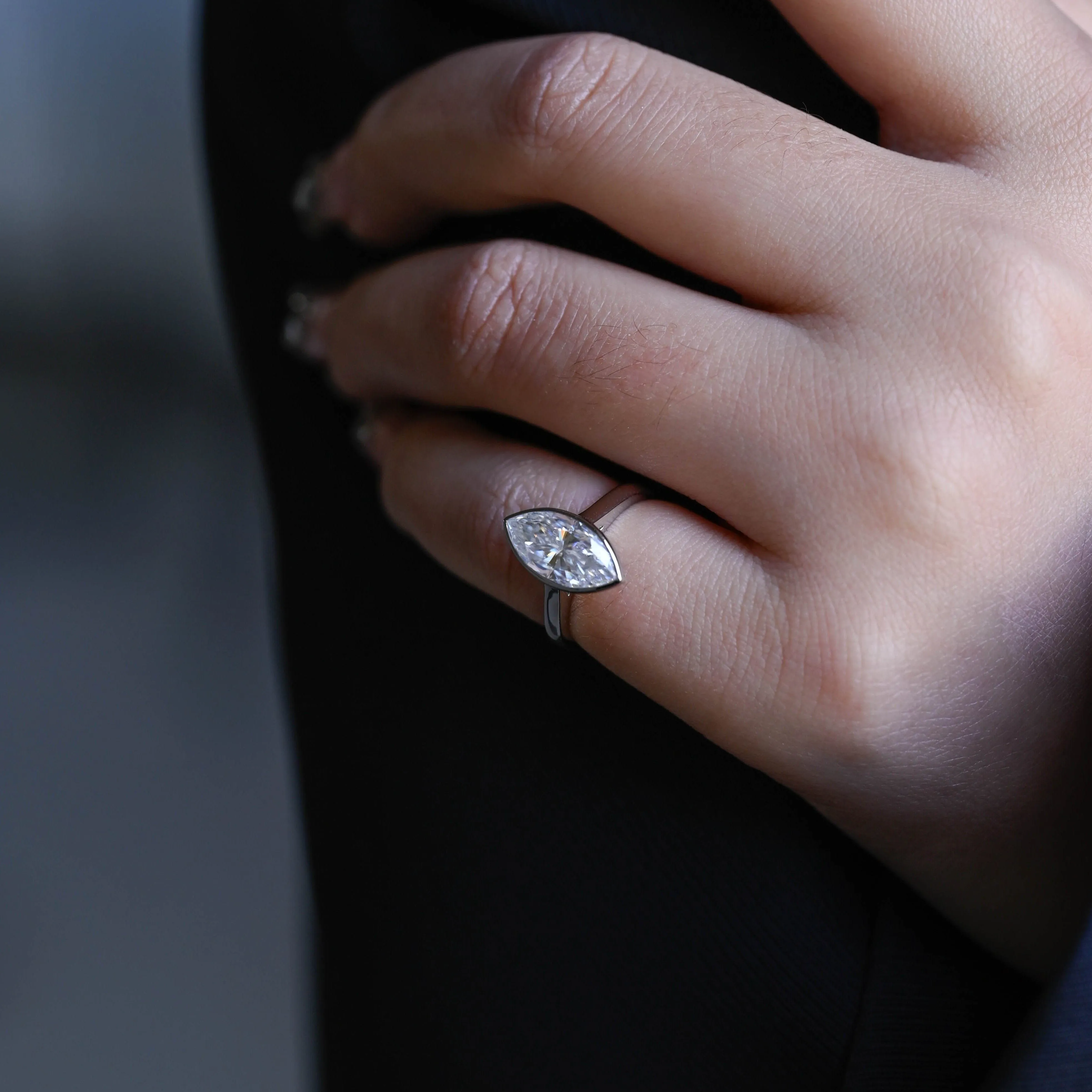 Solid Gold Solitaire Bezel Marquise Cut Moissanite Engagement Ring sold by Causyou product image thumbnail 4