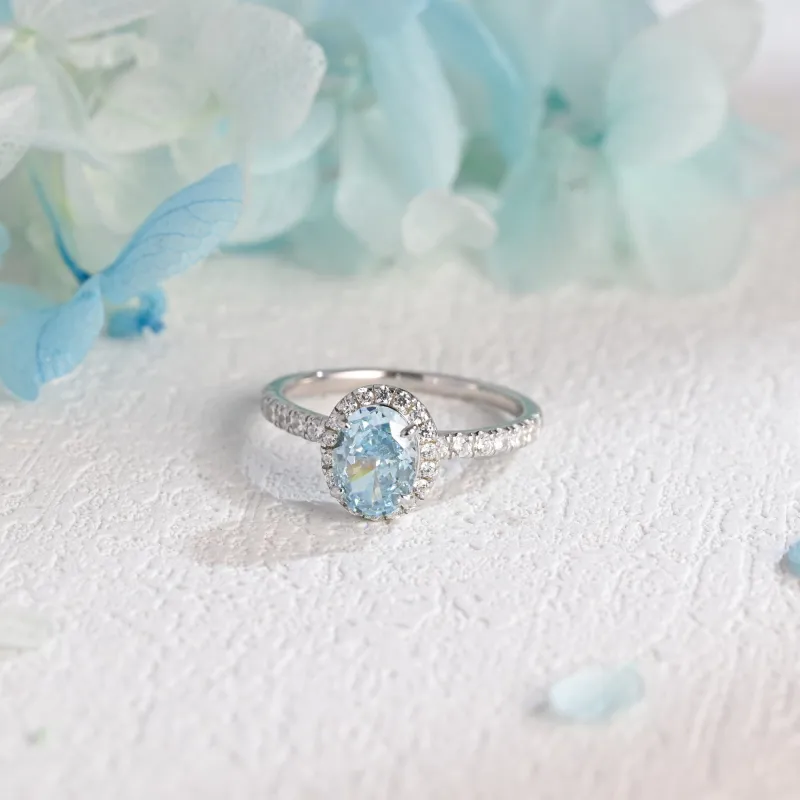 Solid Gold Halo Oval Cut Aquamarine Engagement Ring sold by Causyou