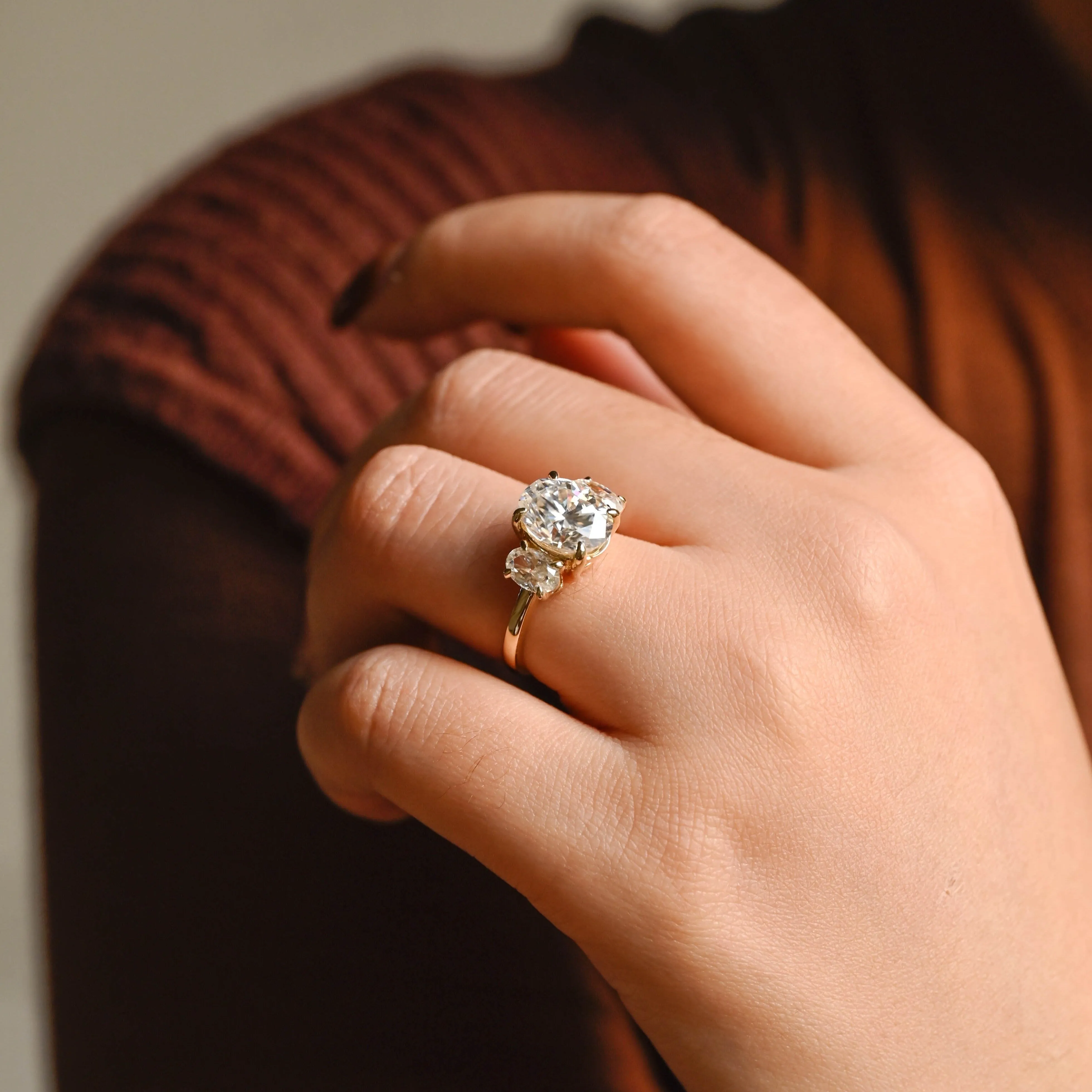 Solid Gold Three Stone Oval Cut Moissanite Engagement Ring sold by Causyou product image thumbnail 2