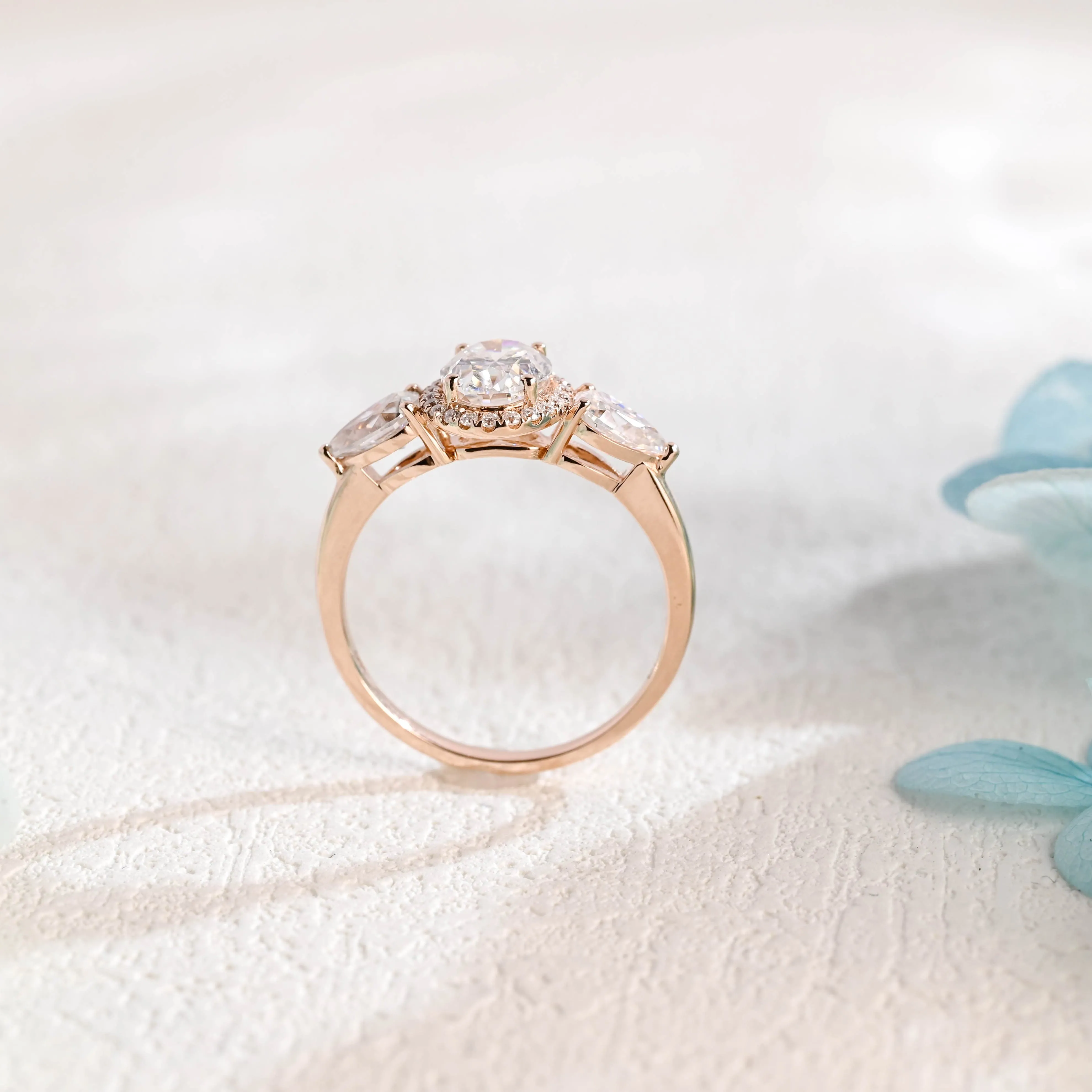 Solid Gold Three Halo Oval Cut Moissanite Engagement Ring sold by Causyou product image thumbnail 2