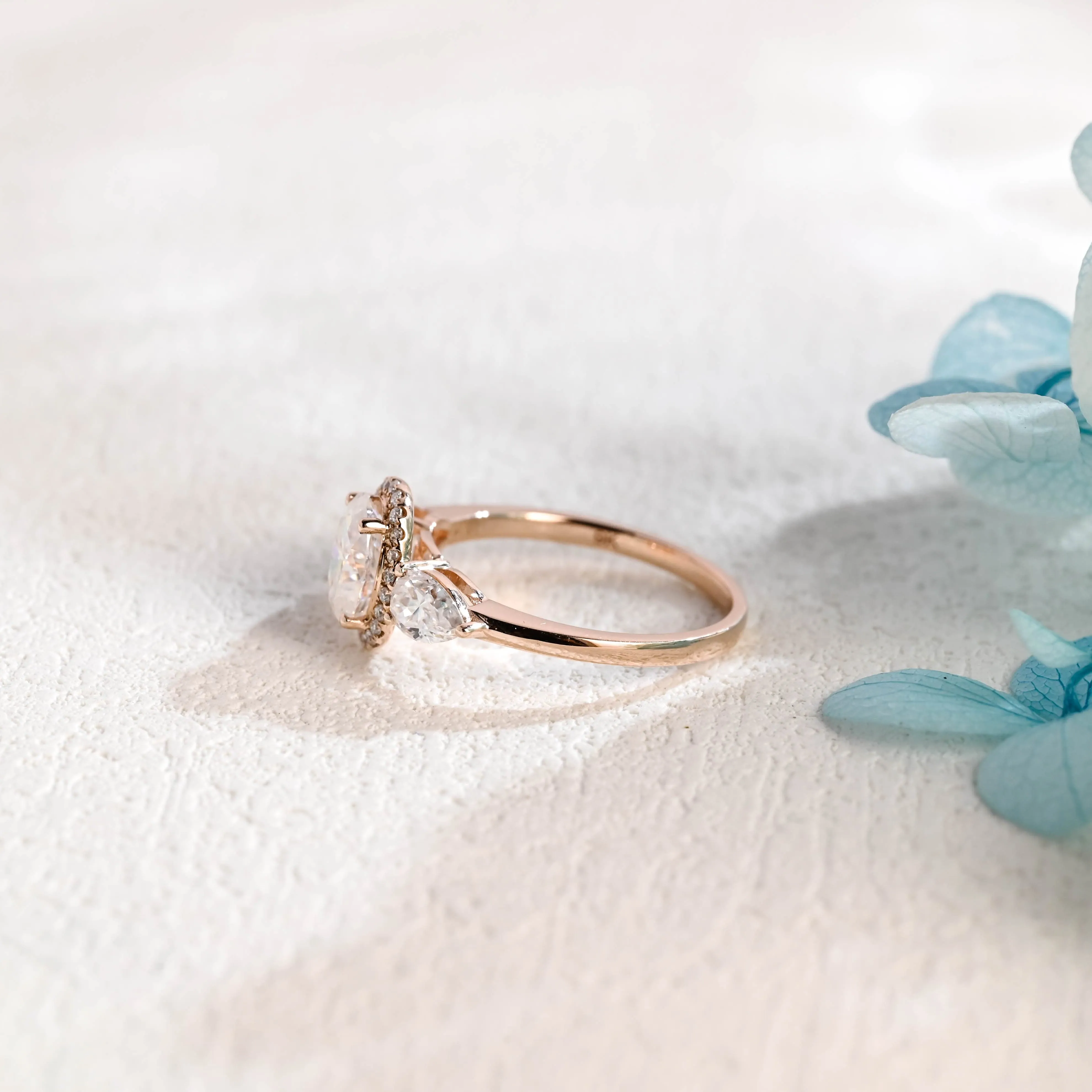 Solid Gold Three Halo Oval Cut Moissanite Engagement Ring sold by Causyou product image thumbnail 3