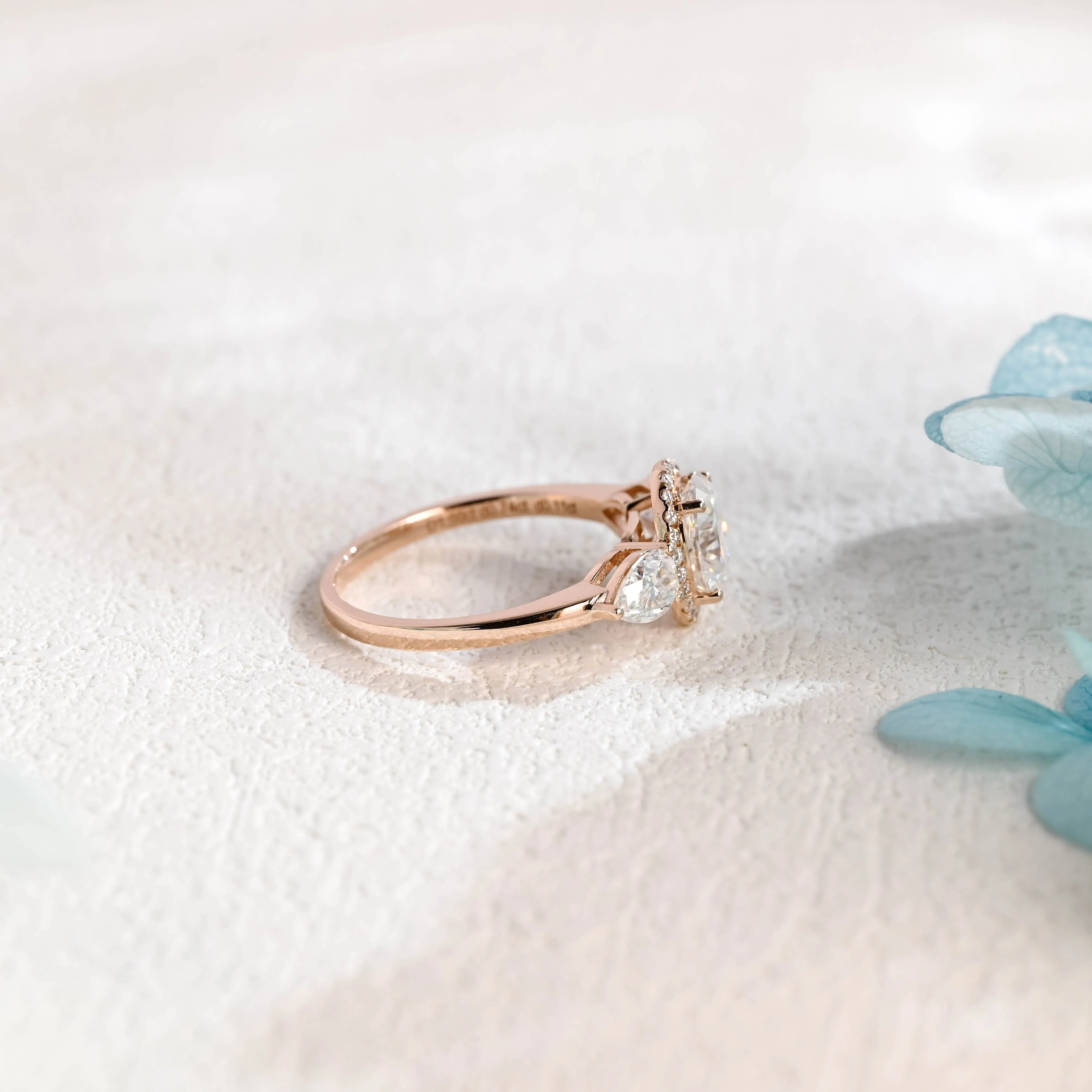 Solid Gold Three Halo Oval Cut Moissanite Engagement Ring sold by Causyou product image thumbnail 5