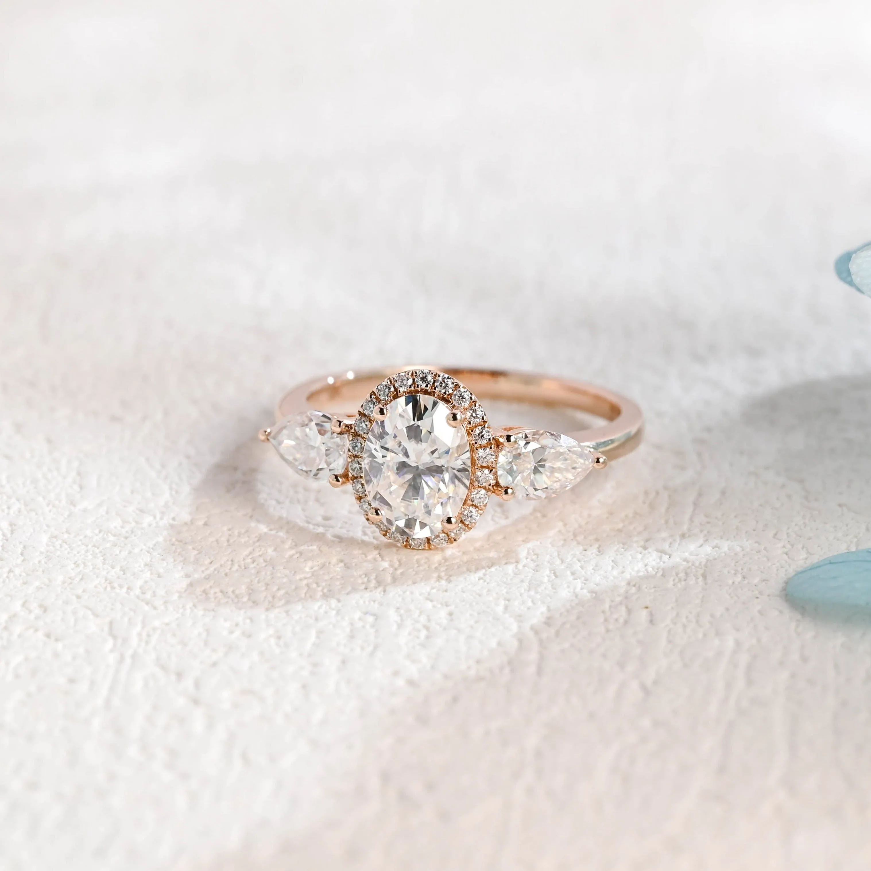 Solid Gold Three Halo Oval Cut Moissanite Engagement Ring sold by Causyou