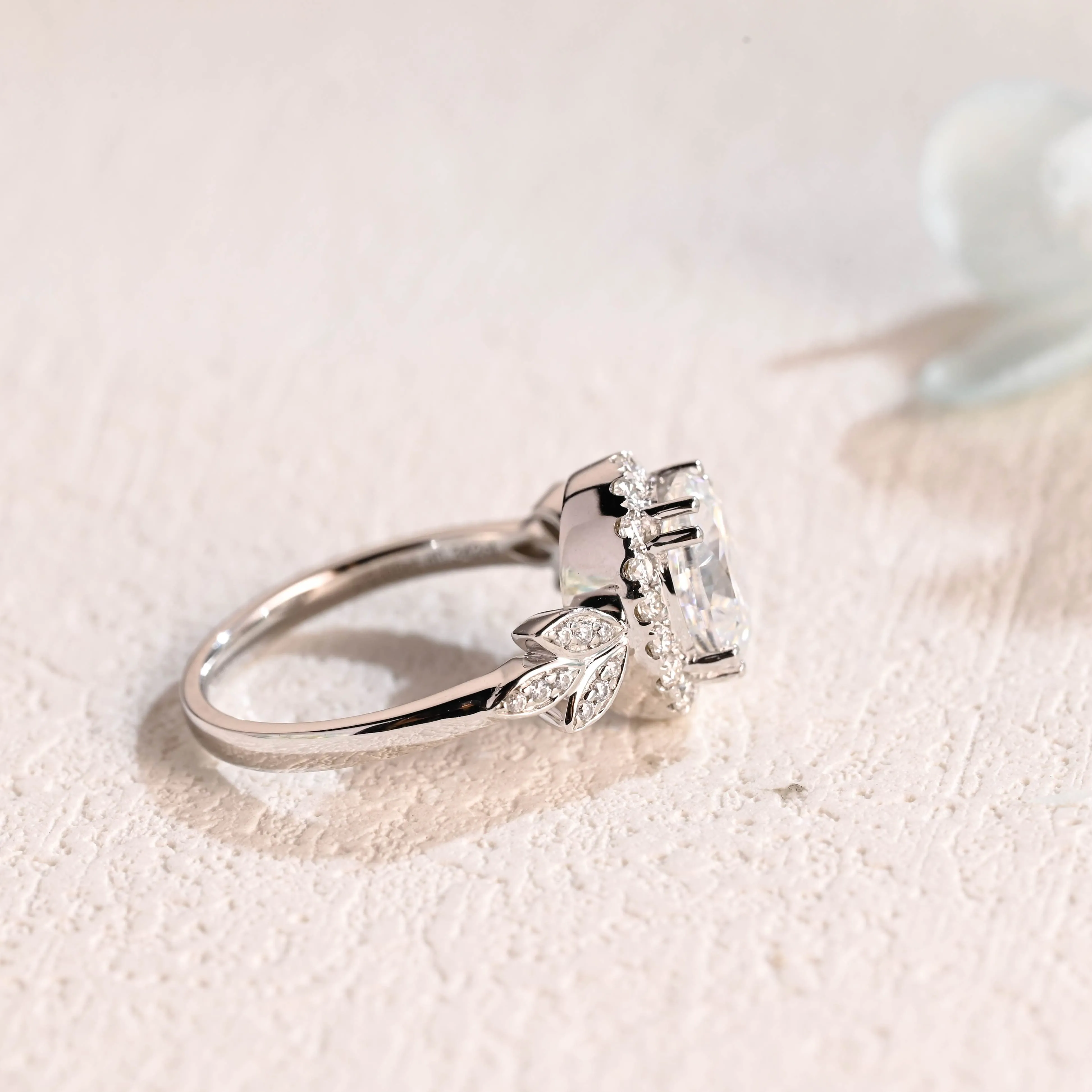 Solid Gold Trio Cluster Halo Oval Cut Moissanite Engagement Ring sold by Causyou product image thumbnail 5