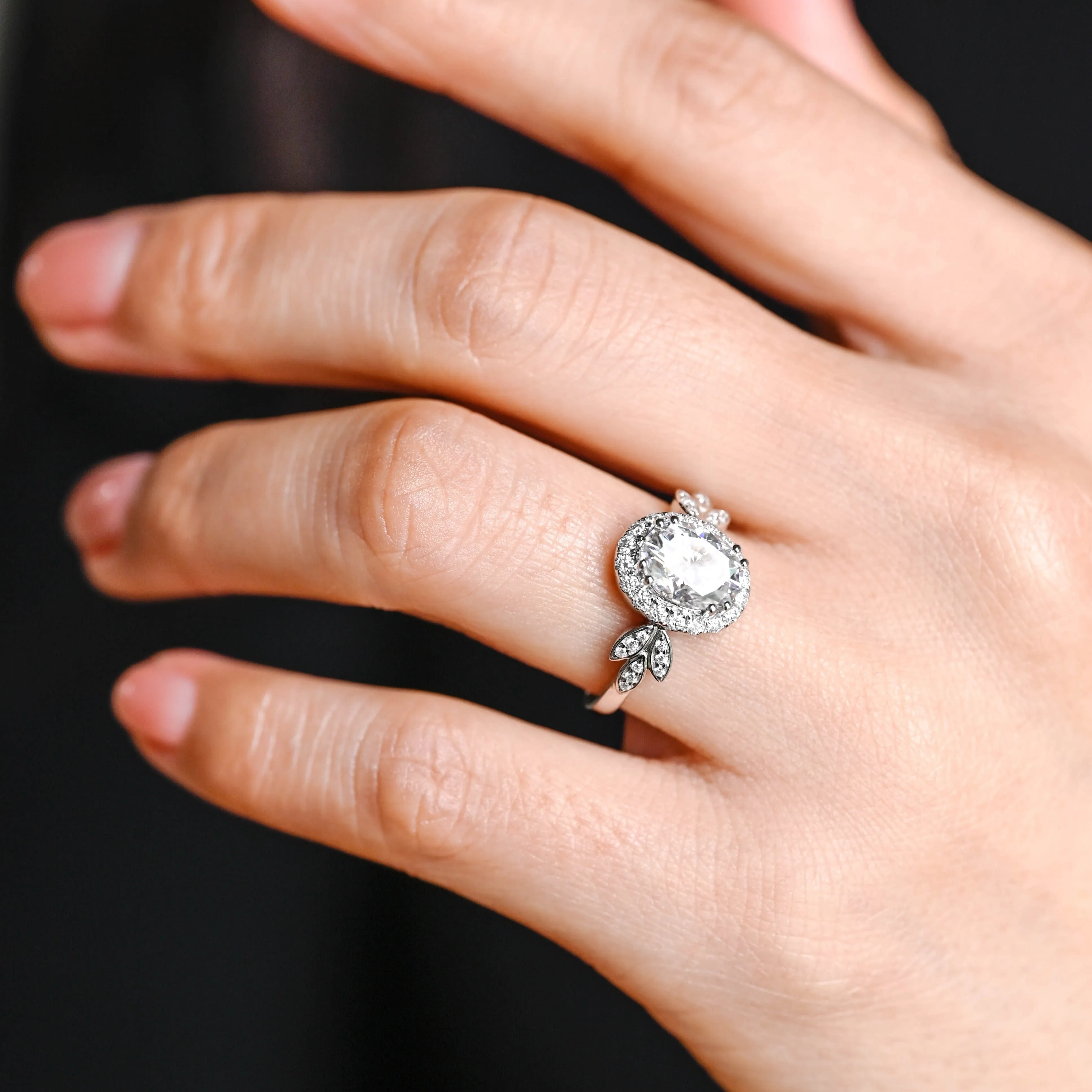 Solid Gold Trio Cluster Halo Oval Cut Moissanite Engagement Ring sold by Causyou product image thumbnail 3