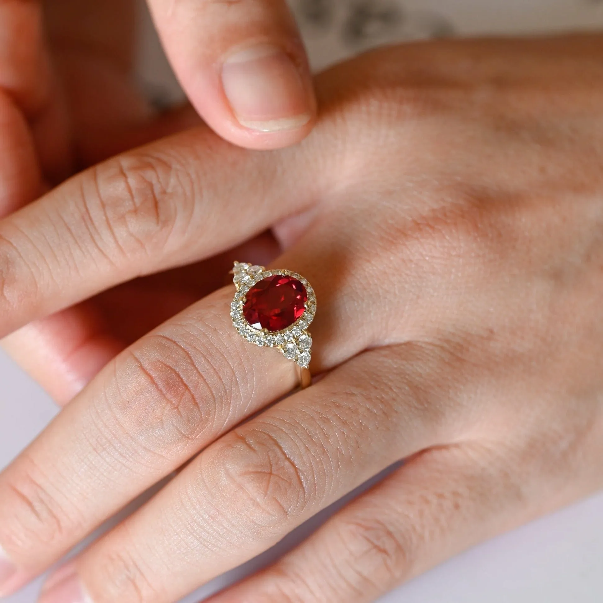 Solid Gold Trio Cluster Halo Red Oval Cut Lab Grown Ruby Engagement Ring sold by Causyou product image thumbnail 3