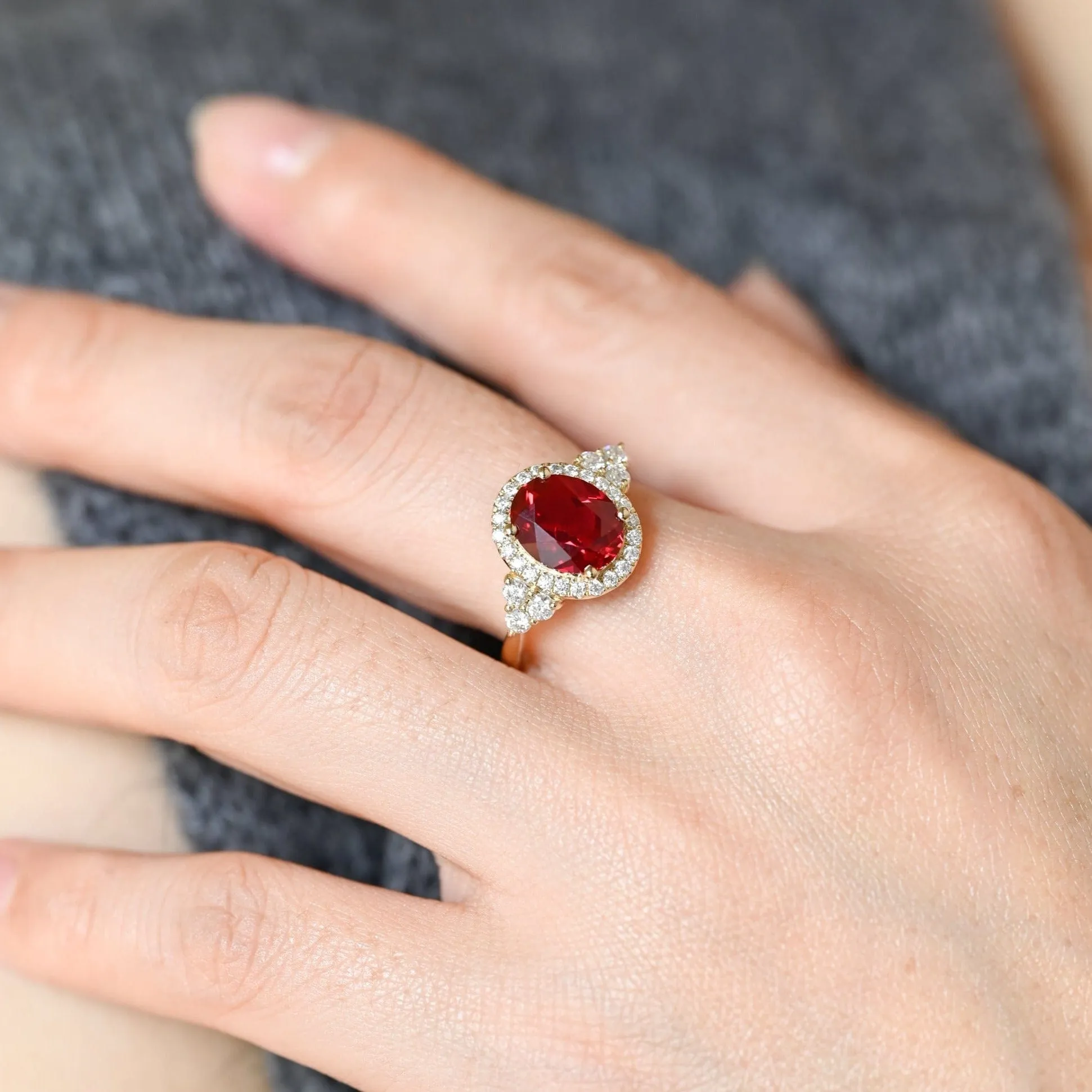 Solid Gold Trio Cluster Halo Red Oval Cut Lab Grown Ruby Engagement Ring sold by Causyou product image thumbnail 2