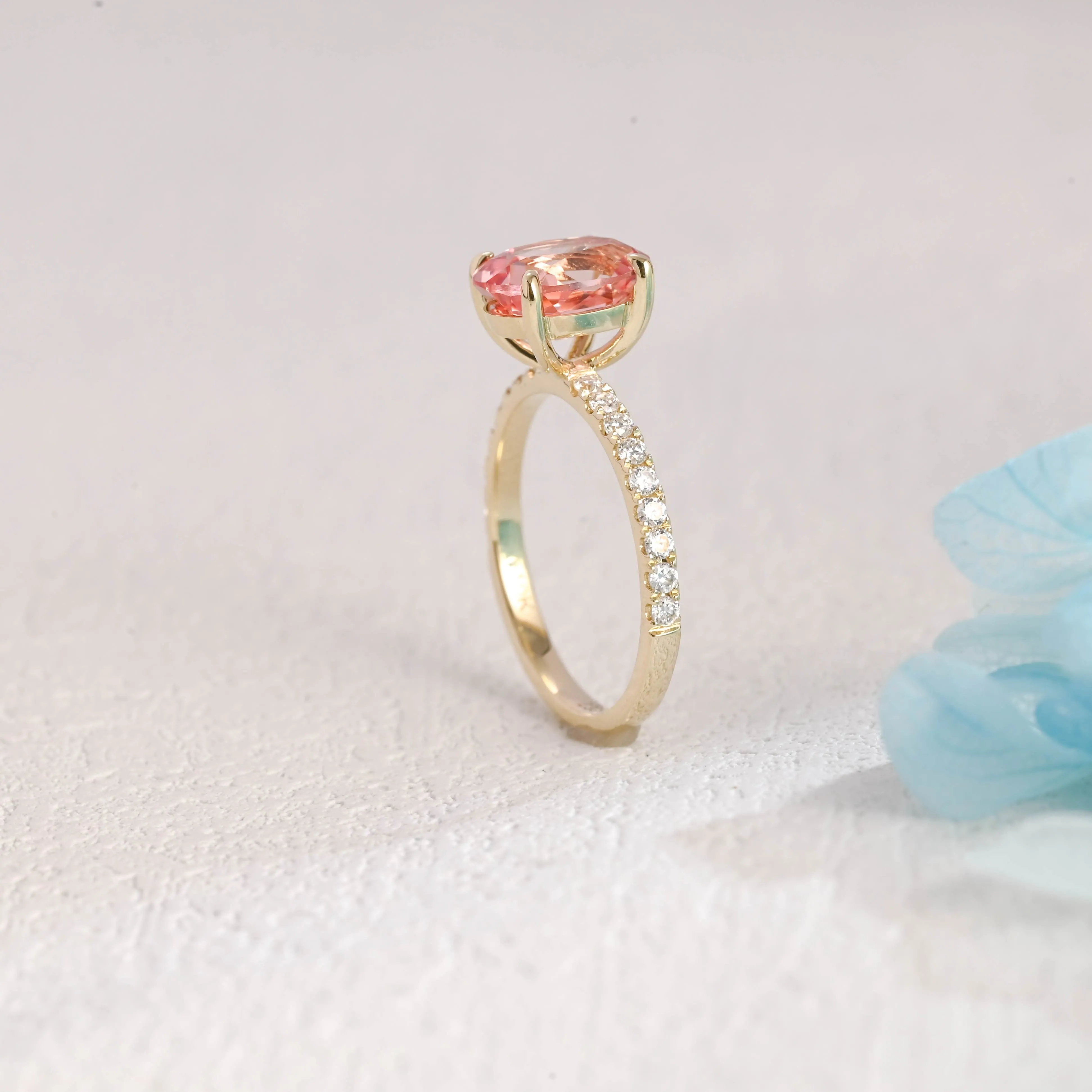 Solid Gold Paved Oval Cut Lab Grown Pink Sapphire Engagement Ring sold by Causyou product image thumbnail 5