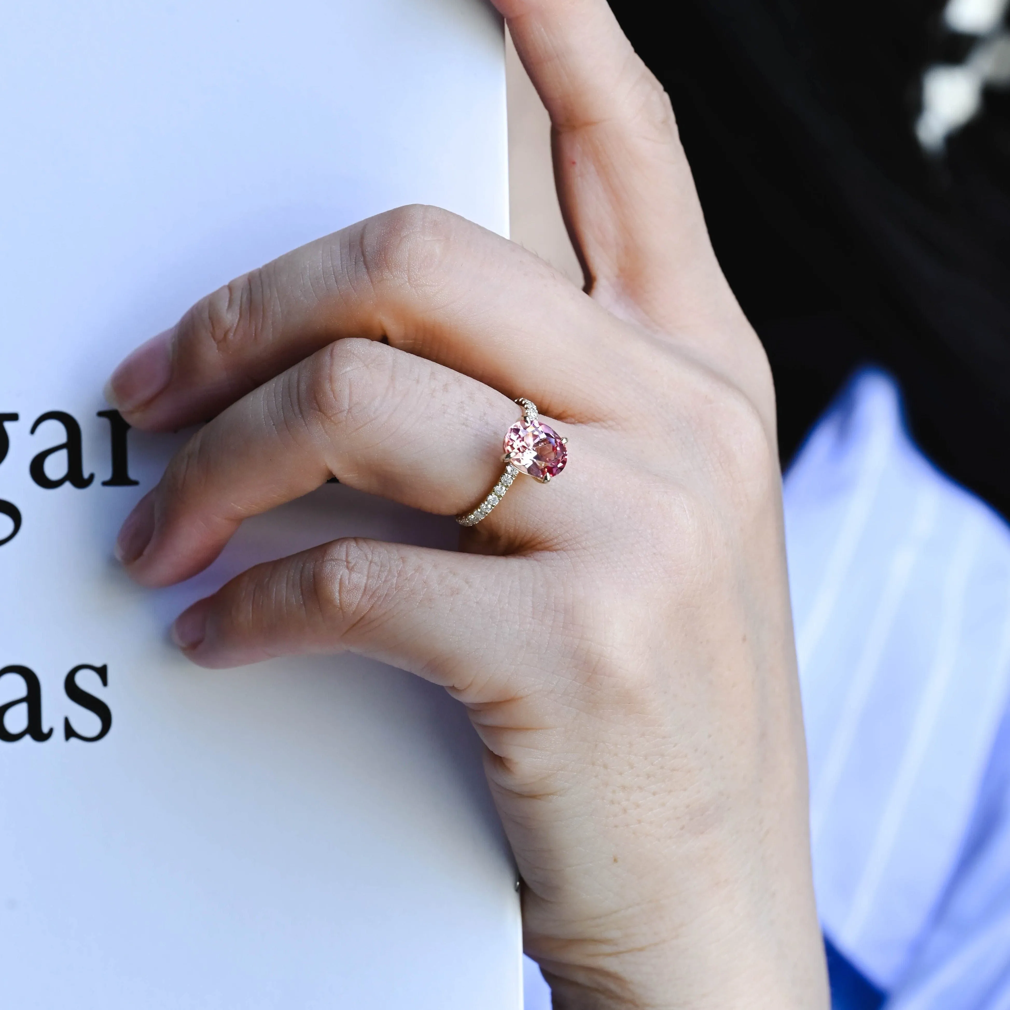 Solid Gold Paved Oval Cut Lab Grown Pink Sapphire Engagement Ring sold by Causyou product image thumbnail 3