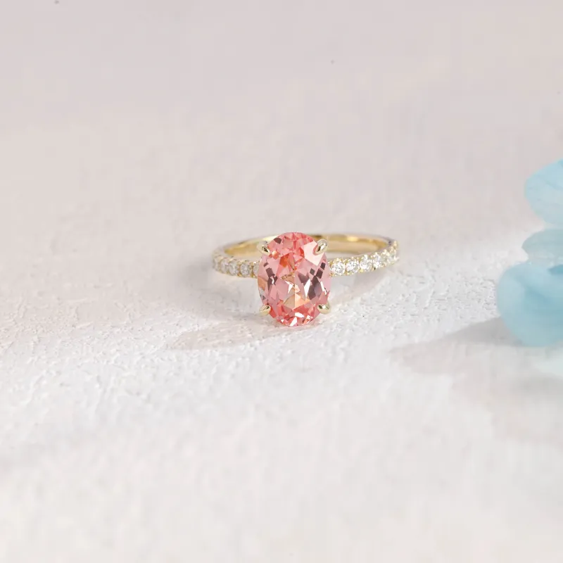 Solid Gold Paved Oval Cut Lab Grown Pink Sapphire Engagement Ring sold by Causyou