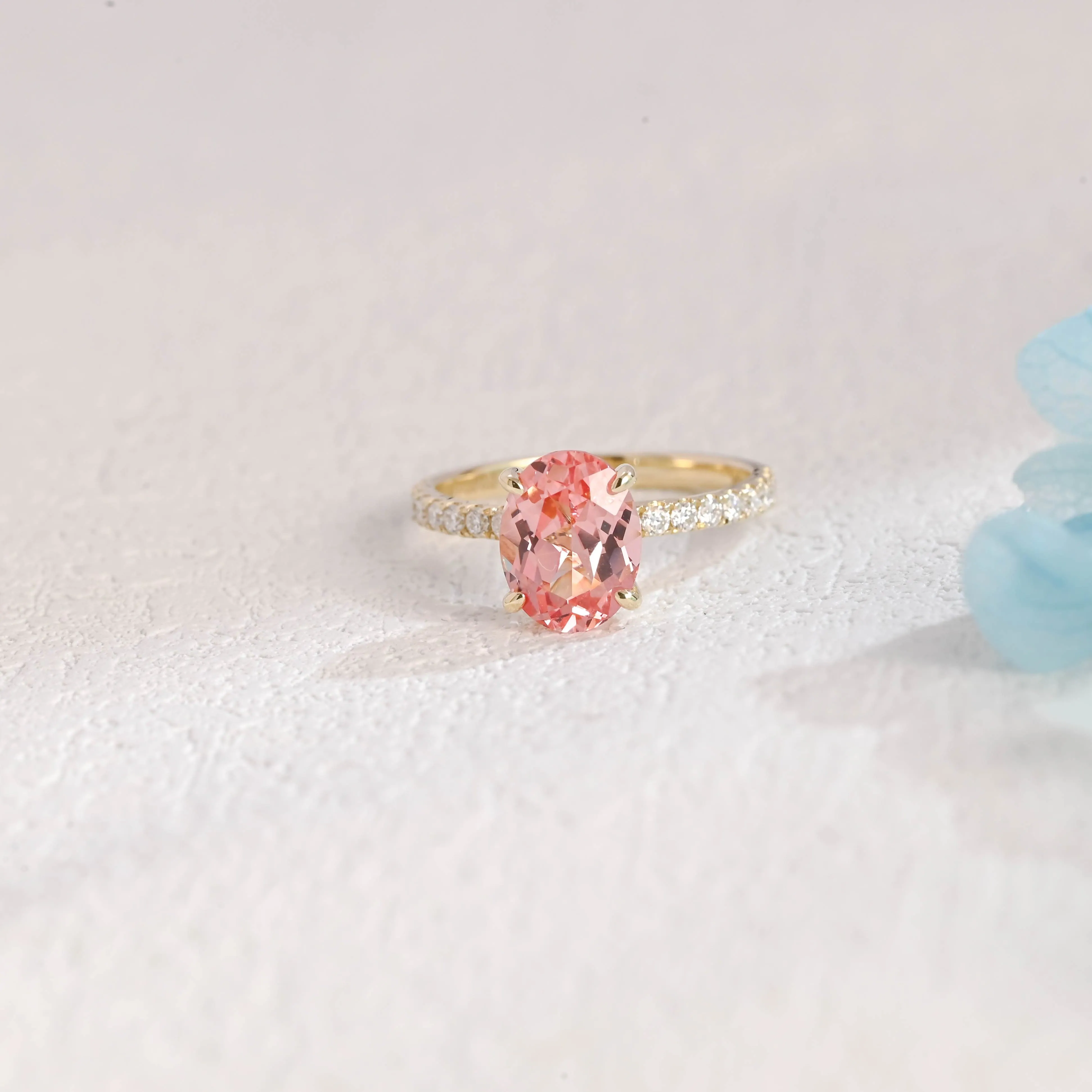 Solid Gold Paved Oval Cut Lab Grown Pink Sapphire Engagement Ring sold by Causyou