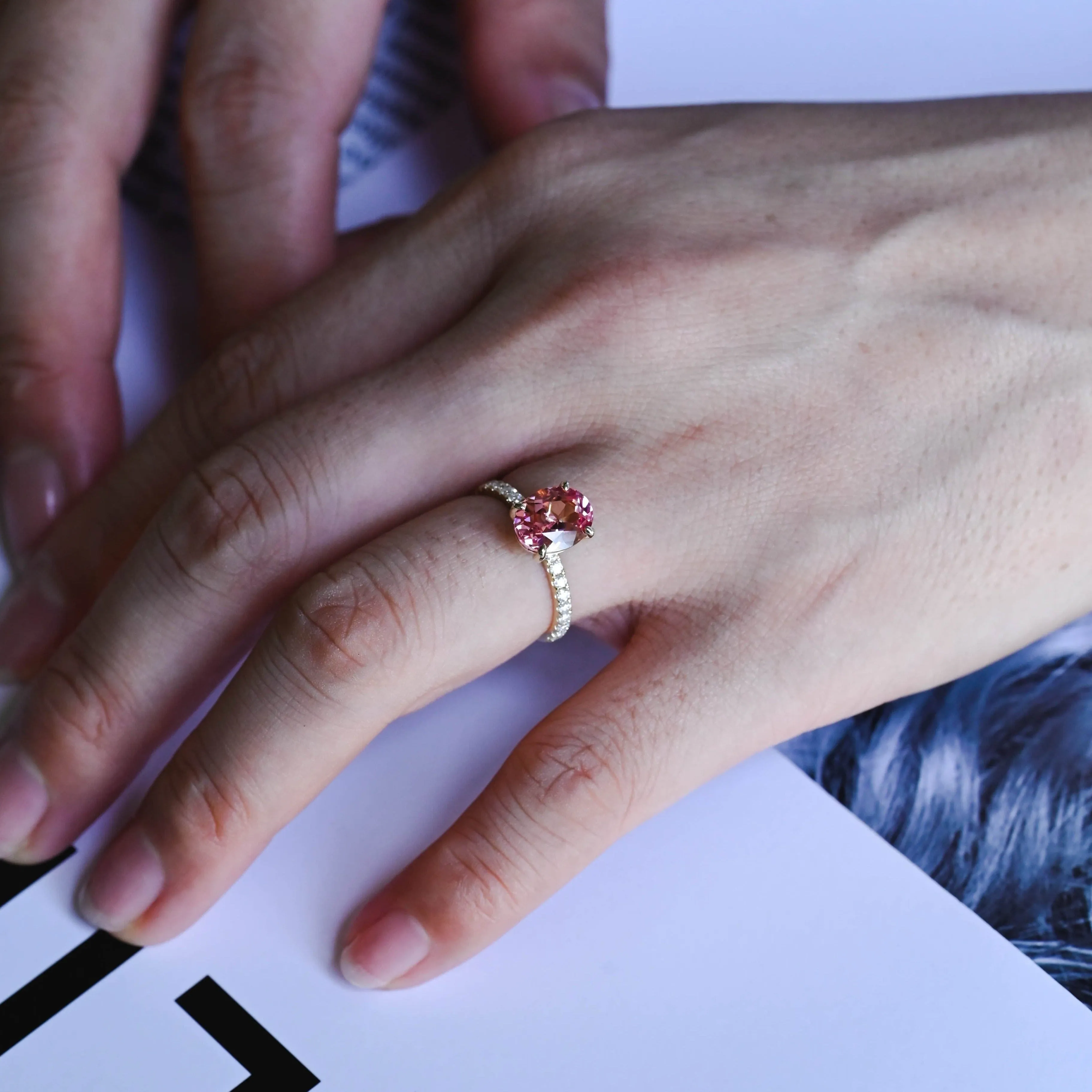 Solid Gold Paved Oval Cut Lab Grown Pink Sapphire Engagement Ring sold by Causyou product image thumbnail 2