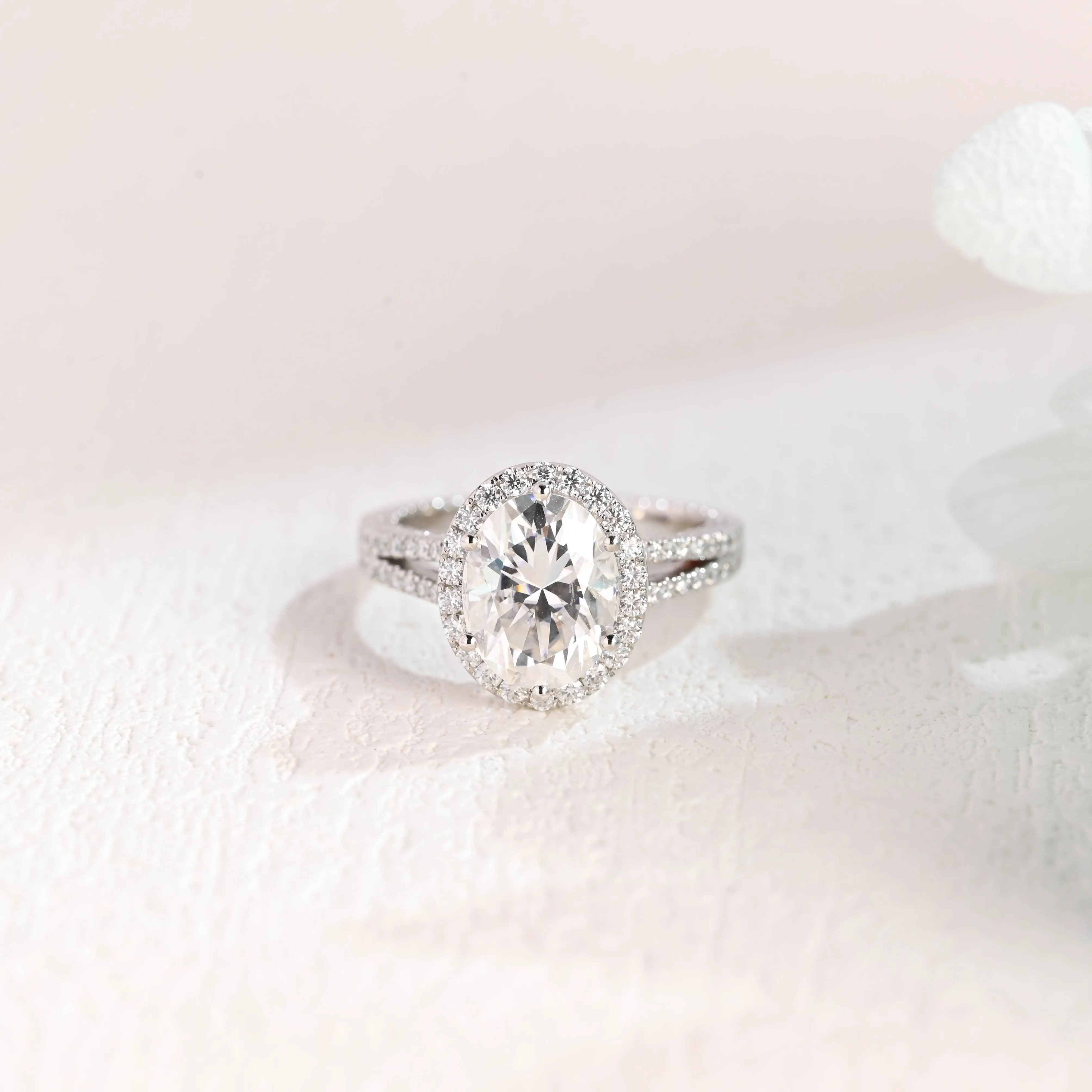 Solid Gold Split Shank Halo Oval Cut Moissanite Engagement Ring sold by Causyou